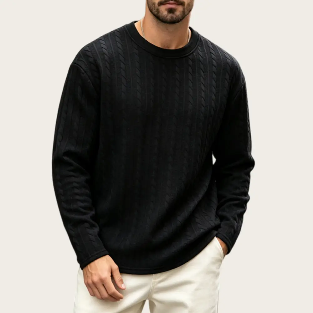 American‑style Vintage Men's Crew‑Neck Sweater with Cable‑Knit Jacquard, Textured Fabric with Three‑Dimensional Cable Pattern, Loose Drop‑Shoulder Design, Wear‑Resistant and Skin‑Friendly, Pullover Jumper for Men to Wear as Inner Layer or Outerwear in Ear