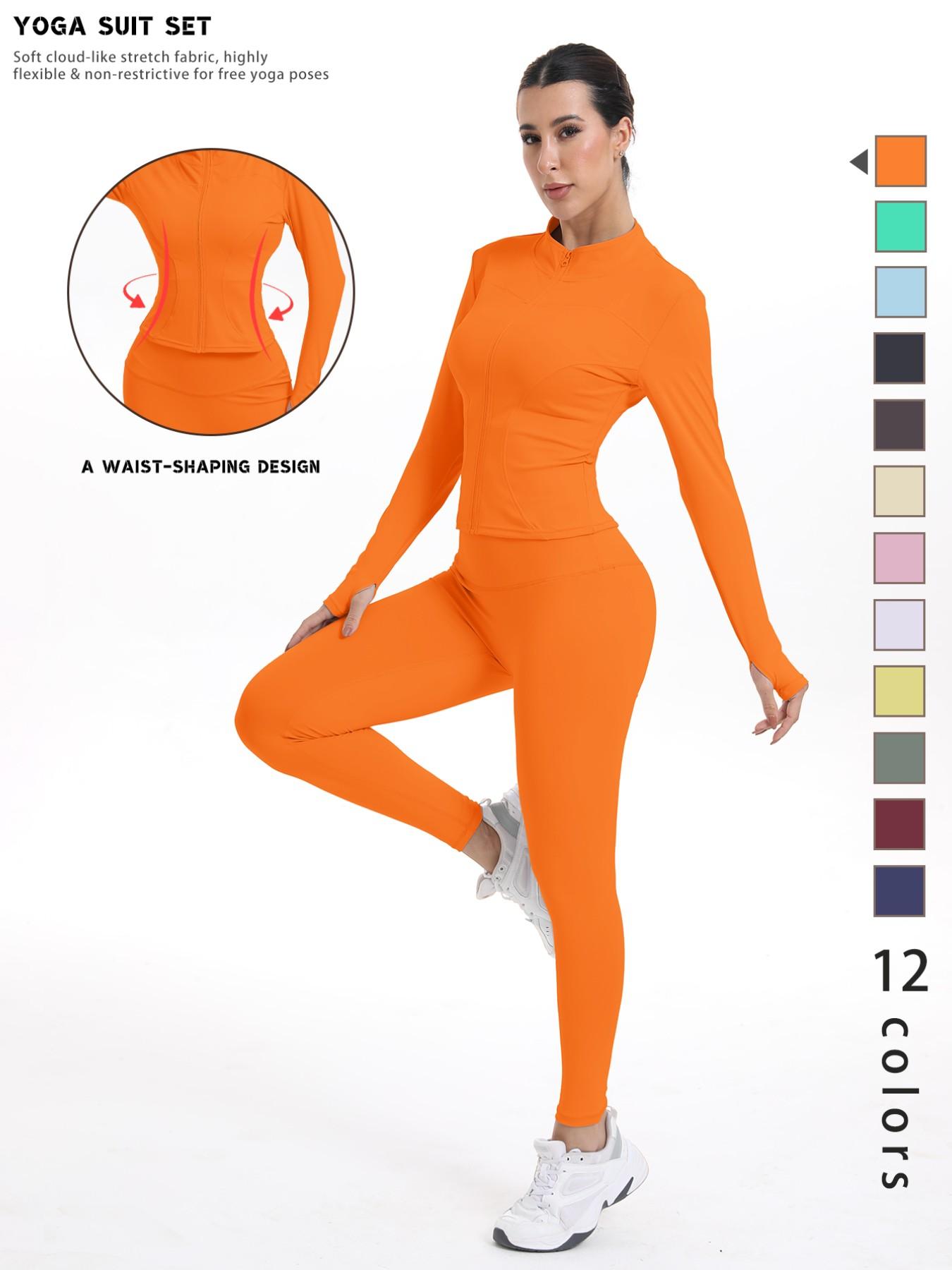 Women's Sporty Quick-Dry Two-Piece Set, New Fashion Slim Fit Yoga Pants, High Elasticity Long Sleeve Top, 12 Colors Available