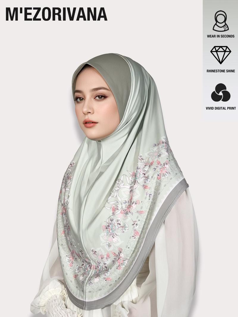 Muslim Headscarf Hijab with Bouquet Print and Gem Embellishments, Multiple Colors Available, Chiffon Fabric, Comfortable Hat Brim, Ideal for Ramadan, Modest Hijab