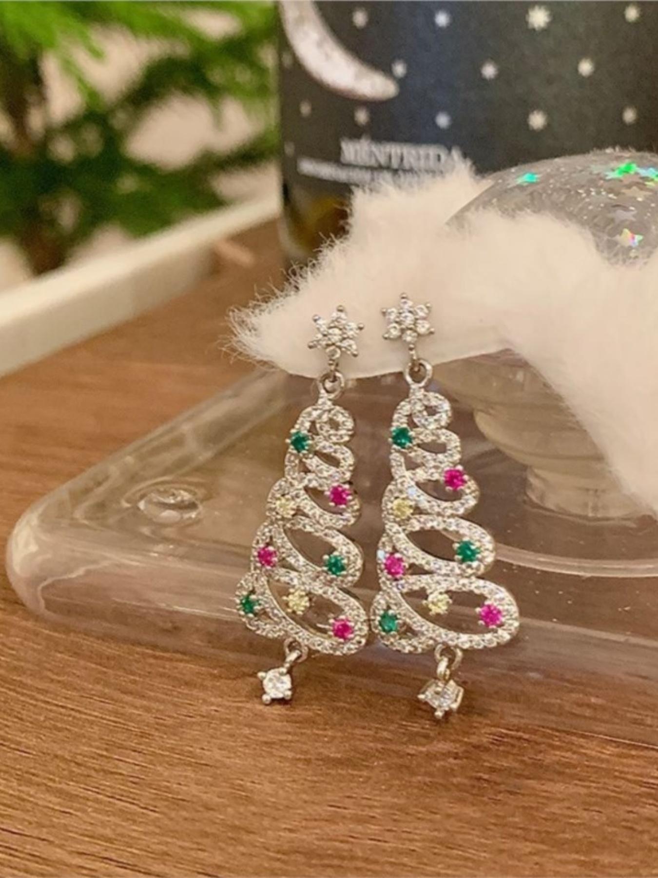 Women's Colorful Zirconia Christmas Tree Dangle Earrings, Festive Jewelry Accessories for Women Celebrating Holiday Season