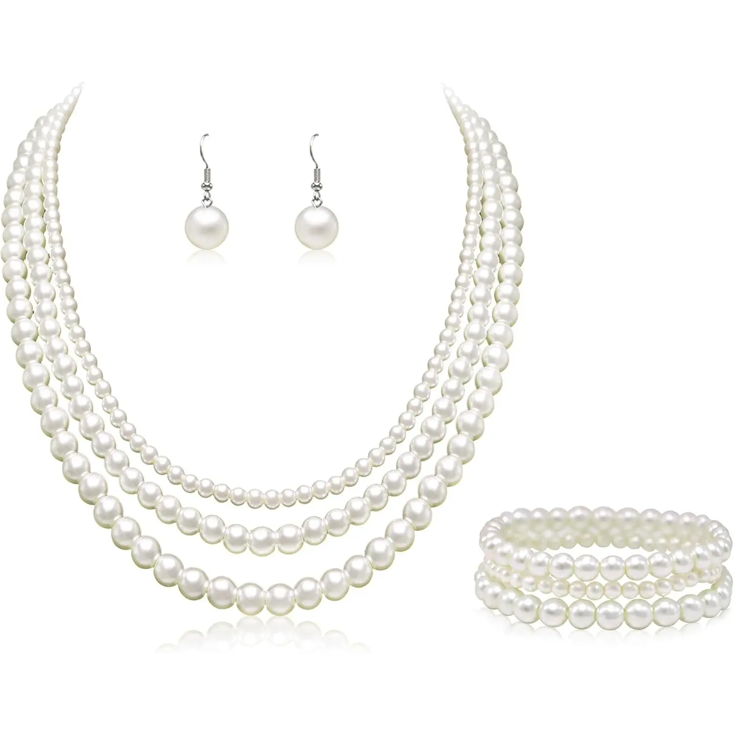 Set for Women Cream White Dainty Faux  Beads  Necklace Earring Bracelets Set Costume  for Wedding Bridesmaid Birthday  Party