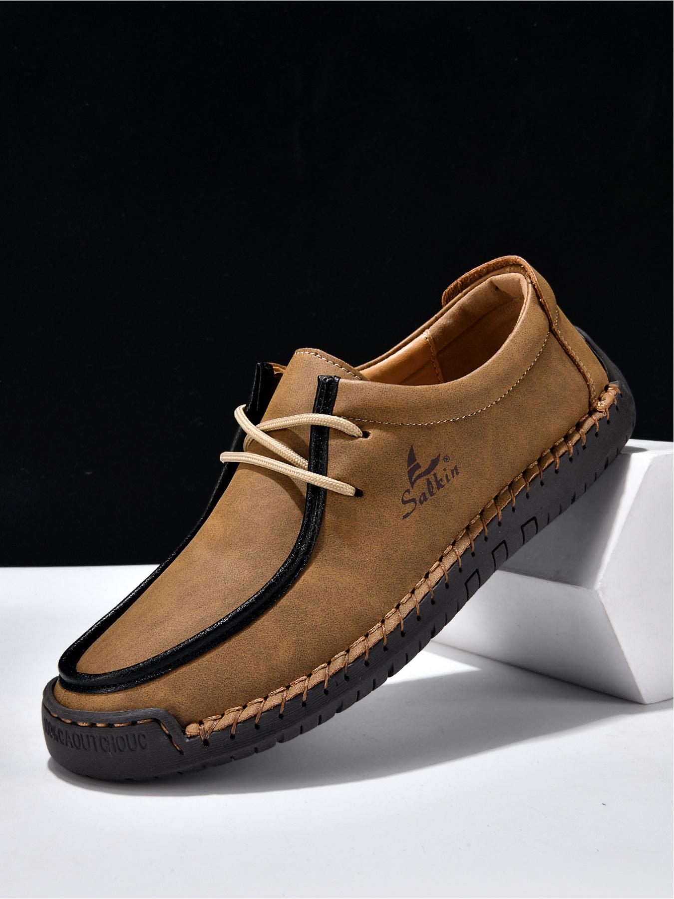 Men's Black Hand-Stitched Casual Shoes, Soft Sole Non-Slip Slip-On Driving Shoes, Dad Shoes