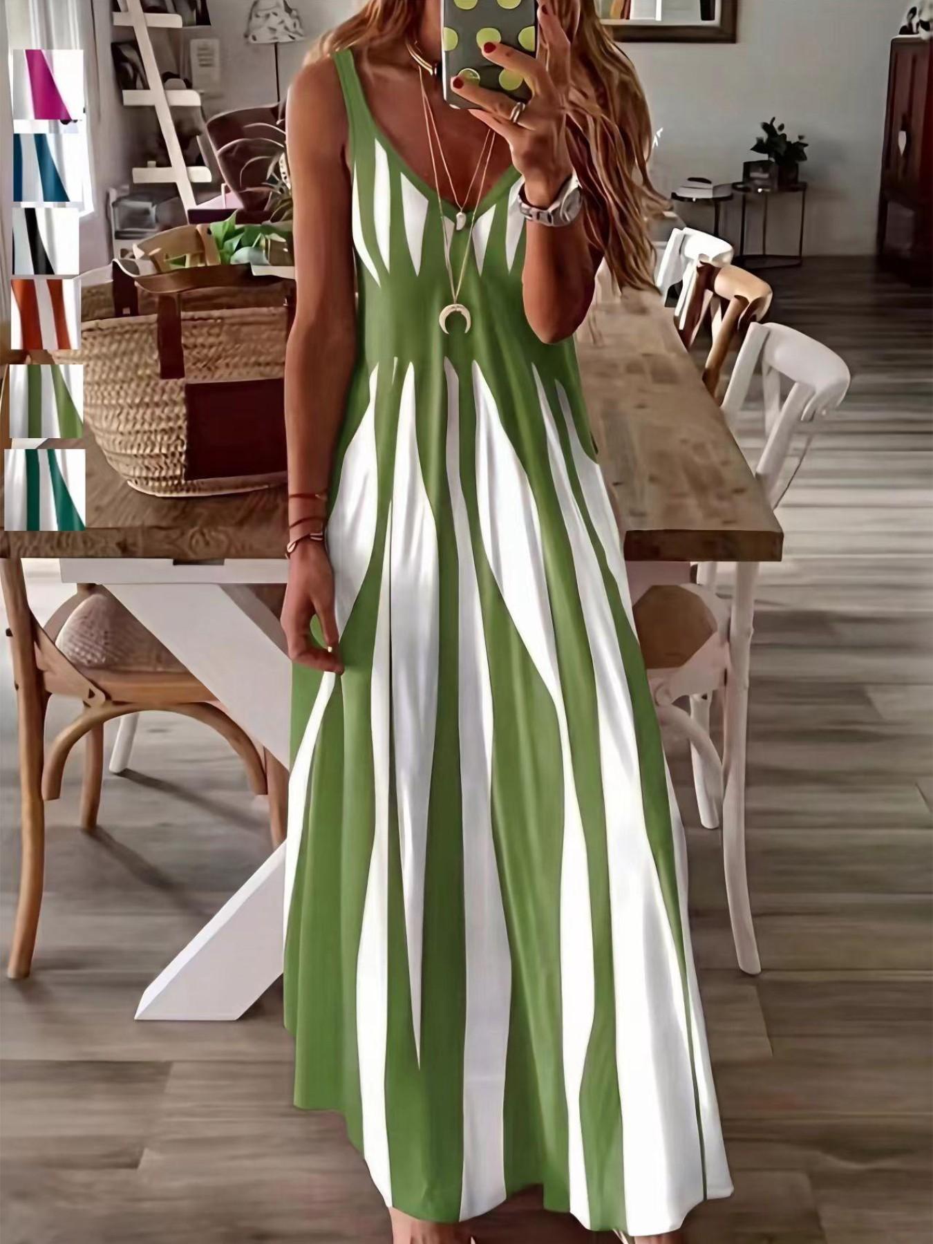 Summer New Arrival Women's Casual Sleeveless Striped V-Neck Long Dress, Casual Dresses, Casual Chic Dress, Sweet Style Elegance Loose-Fitting Daily Wear, Perfect for Outdoor Activities