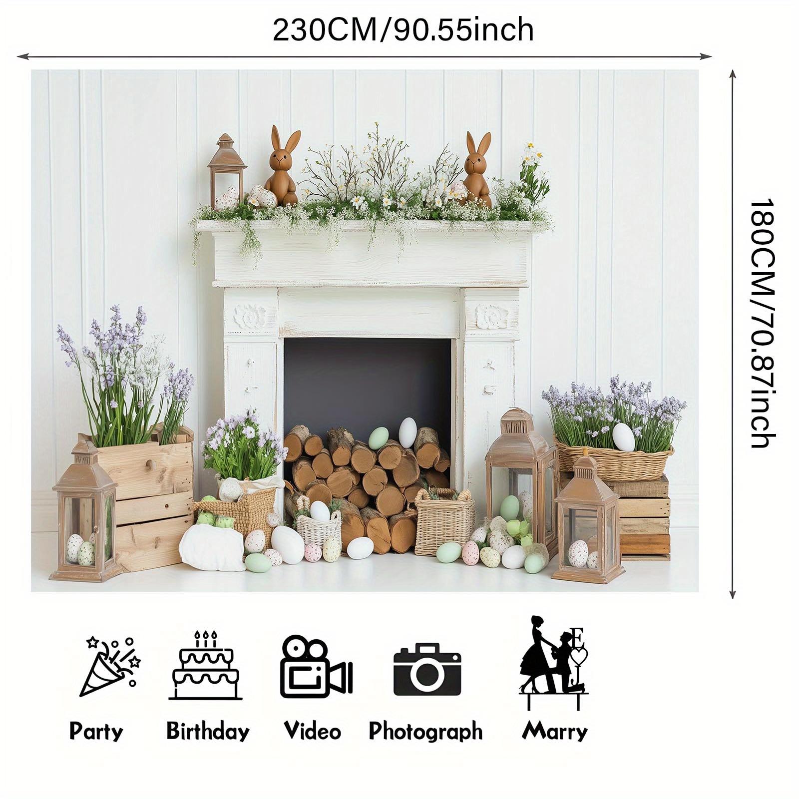 1pc White Fireplace Easter Bunny & Eggs Backdrop Banner - Rustic Spring Decor with Greenery, Wooden Logs & Lanterns for Home, Garden, Parties & Themed Events, Easy Hanging Indoor/Outdoor Use, Festive Backdrop | Springtime Ambiance | Pastel Colored
