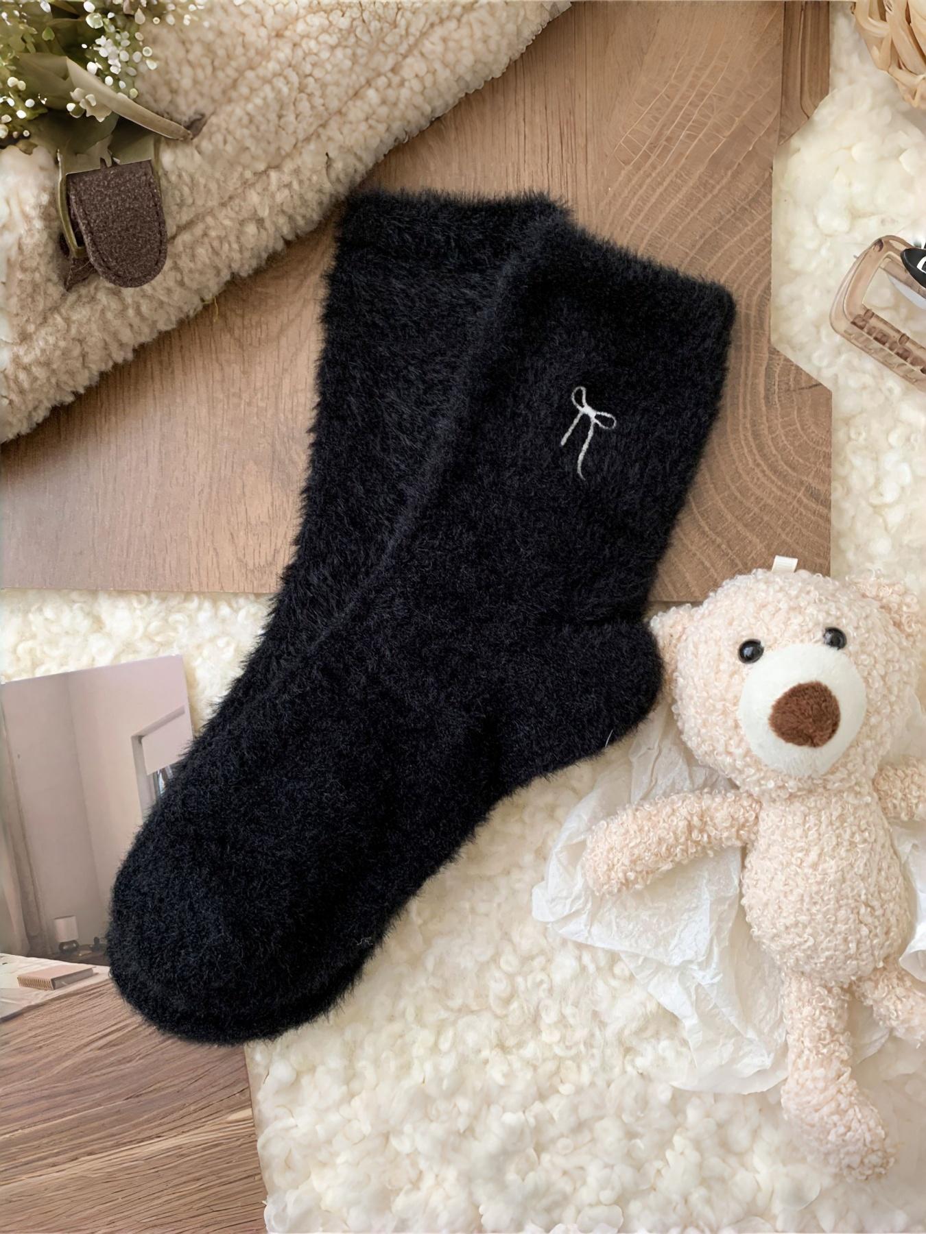 Women's Winter Imitation Mink Fur Bowknot Plush Socks, Vintage Mid-Calf Thick Warm Sleep Socks, Fitted Plain Design, Casual Comfy Socks