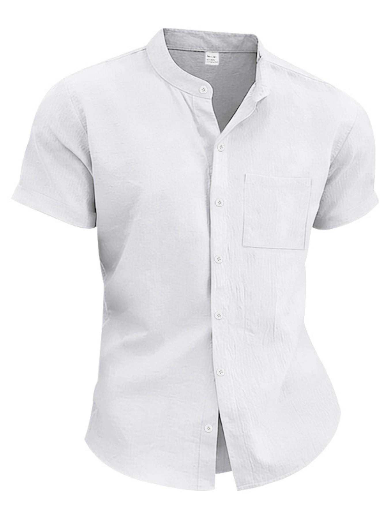 American Summer Linen Casual Men's Hawaiian Shirt, Simple Retro Stand Collar Short Sleeve, Comfortable and Stylish Summer Wear