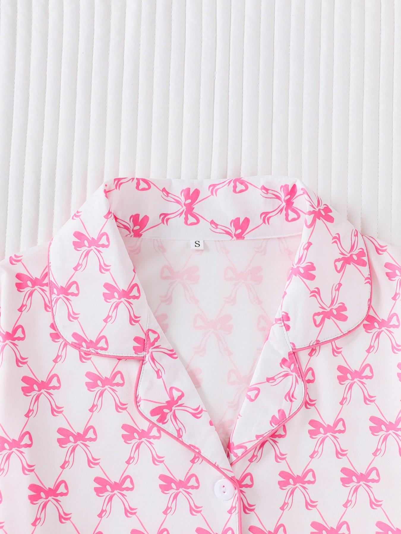 Women's Two-Piece Sleepwear Set, Bow Full-Print Design, Soft & Smooth Fabric, Casual Fitted Style, All Season Comfortable Wear