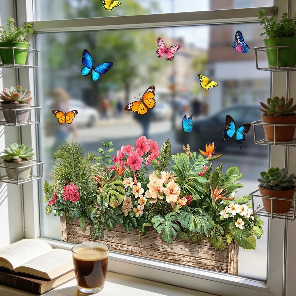 Home Floral Glass Stickers, Butterfly Plant Landscape Static Stickers, Decorative Stickers, Bathroom Bedroom Living Room Window Decor, Reusable Adhesive