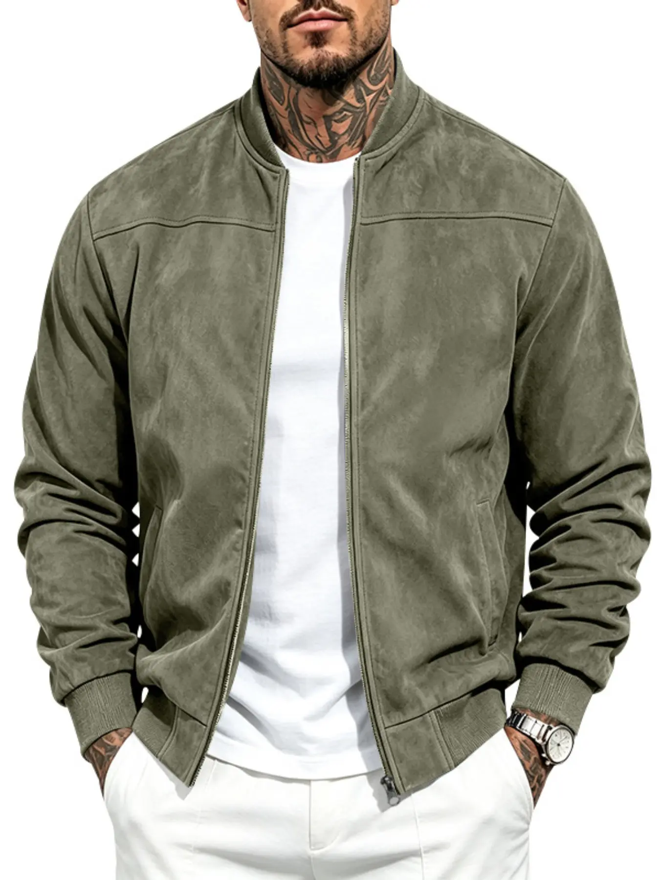 Men's suede baseball collar jacket - full zipper ribbed closure casual coat - fits well and flatters the figure - comfortable fit - versatile for daily commuting and casual wear