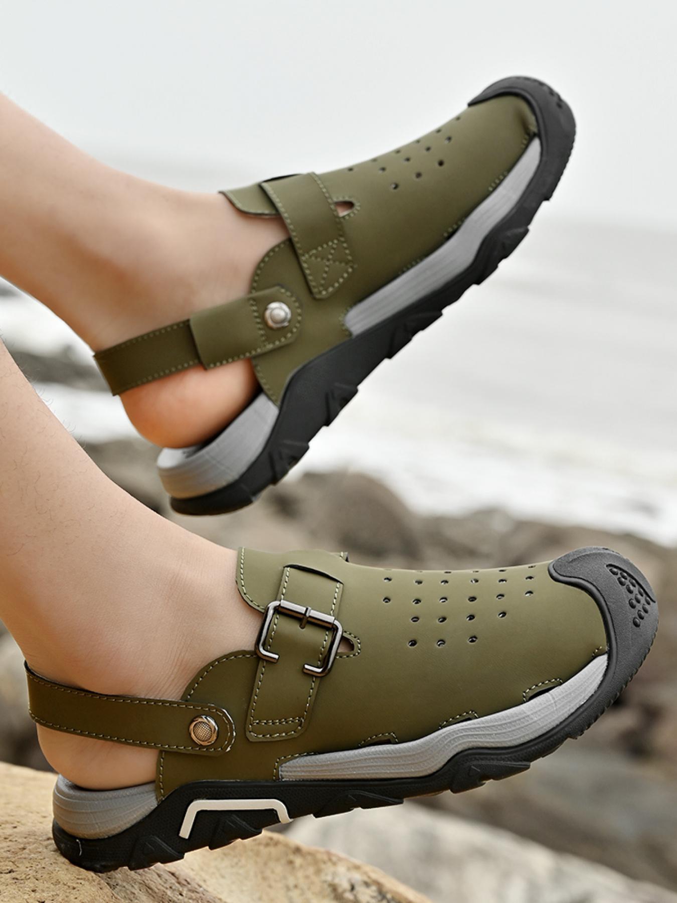 Men's Solid Color Dual-Wear Closed-Toe Perforated Sandals, Adjustable Velcro Non-Slip Beach Shoes, Breathable Outdoor Water-Slippers