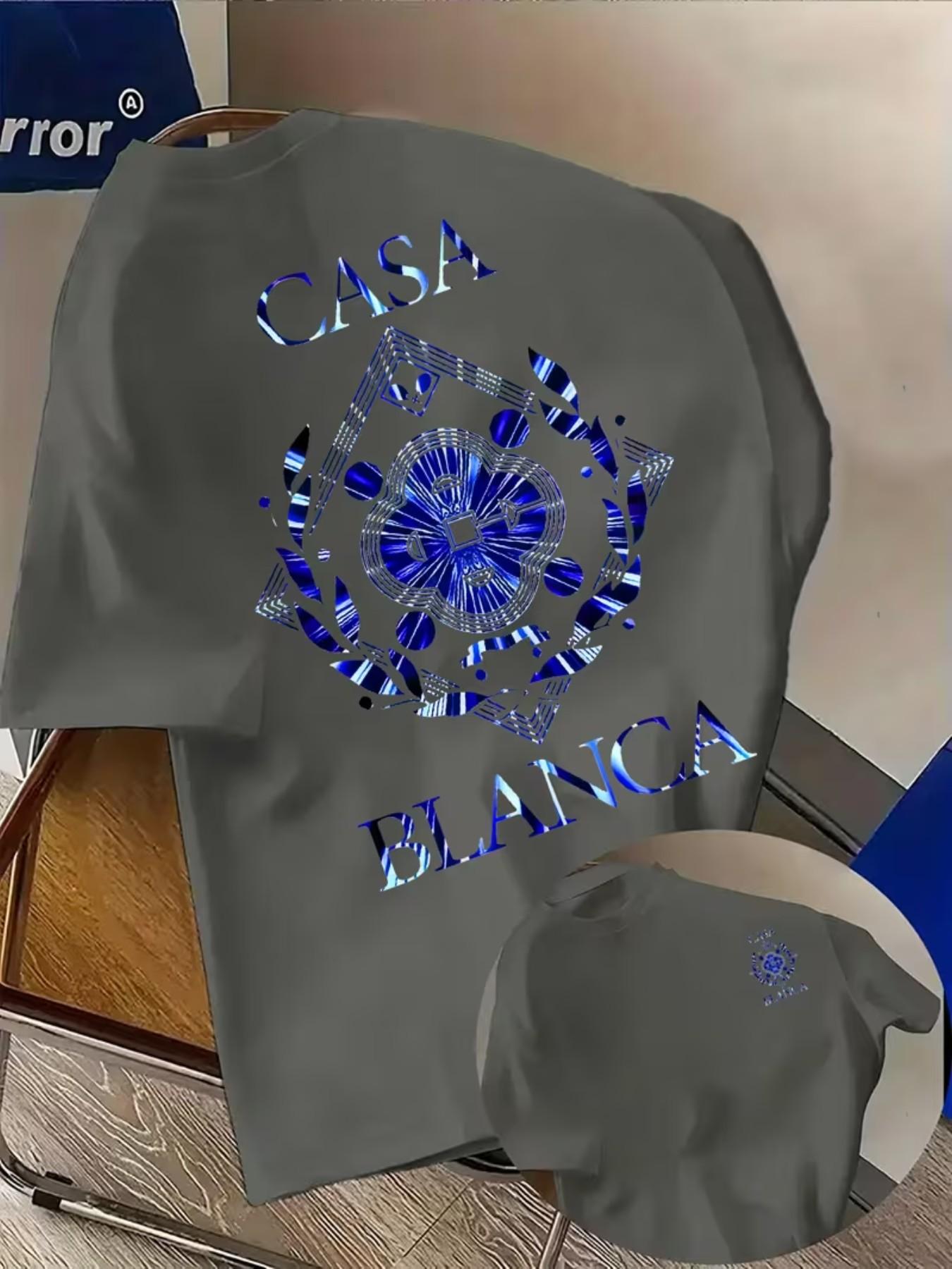 Men's Casual Geometric Print T-Shirt, Casablanca Pattern, Round Neck Short Sleeve, Street Fashion, Soft Polyester Fabric