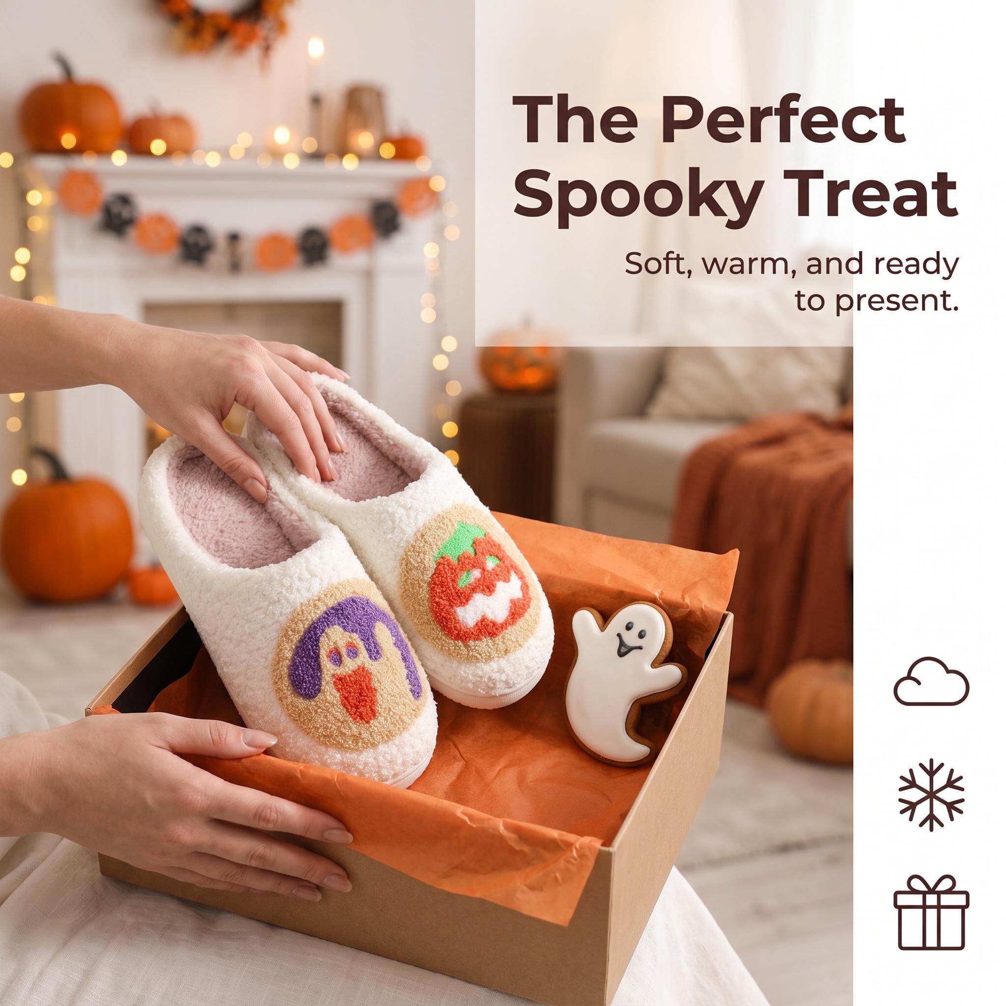 Vintage Halloween Embroidered Polyester Plush Slippers - Unisex Casual Round Toe House Slides, Soft Fall Winter House Shoes, Perfect Halloween Gift for Relaxation Vintage Halloween Embroidered Polyester Plush Slippers - Unisex Casual Round Toe House Slides, Soft Fall Winter House Shoes, Perfect Halloween Gift for Relaxation
