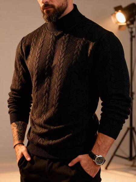 Men's solid color knitted jacquard turtleneck sweater is comfortable, warm and windproof, and can be layered. Casual, comfortable, regular slim fit long-sleeved sweatshirt, suitable for autumn and winter wear, and for men's daily outfits.