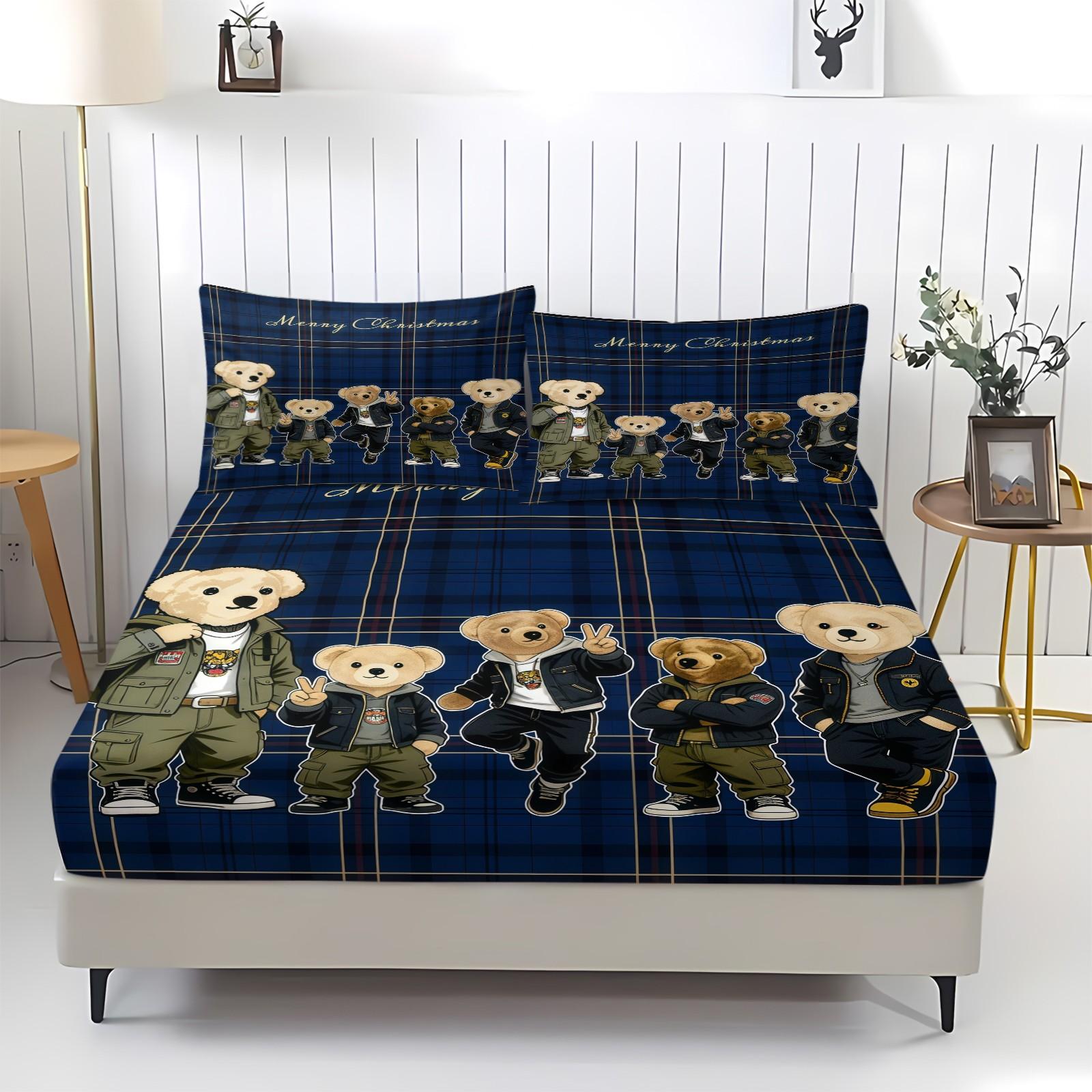 Teddy Bear Pattern Bed Sheet, Comfortable Printed Pattern, Includes 1 Bed Sheet and 2 Pillowcases, Comfortable Bedding, Non slip Dust Cover Suitable for Bedroom and Guest Room, Suitable as a Gift for Children or Adults