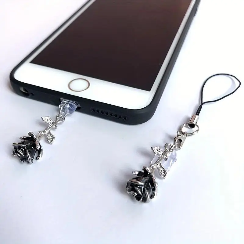 1 Piece of Alloy 3D Black Rose Dust Plug for Mobile Phones, with a Lanyard Design, Can Be Used as a Mobile Phone Accessory in Multiple Ways, Can Also Be Used for Bags, Suitable for Iphone/Type-C Charging Ports, Ideal as a Gift
