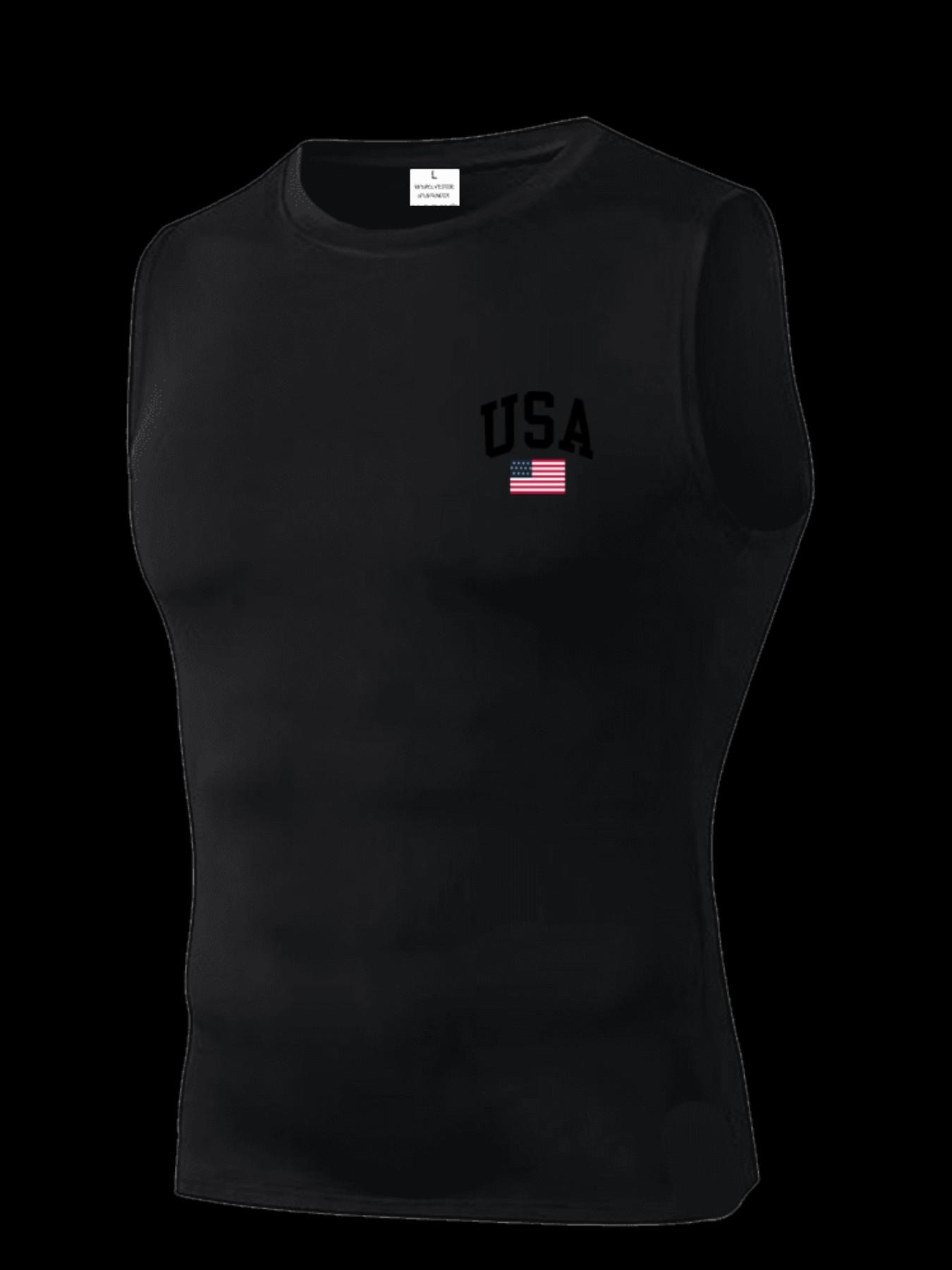 Men's Short Sleeve Sporty Slim-Fit Knitted Fabric, Usa Pattern Print, Breathable Moisture-Wicking, High Elasticity, Lightweight Design