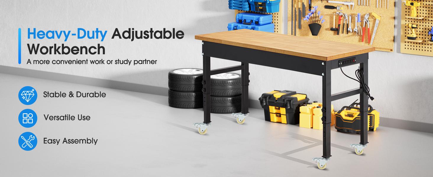 60'' Adjustable Workbench on Wheels, 2000 LBS Heavy-Duty Workstation with Power Outlets, Rubber Wood Top Worktable for Garage, Workshop, Home, Commercial