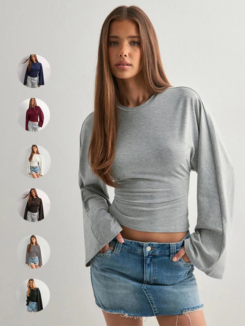 Women's Solid Long Sleeve Tee, Casual Basic T-shirt for Daily Wear, Ladies Clothes for All Seasons, Top