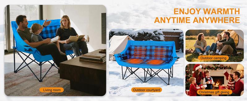 Lilypelle Oversized Heated Double Camping Chair Folding Camping Loveseat 2 Person Padded Camping Couch Heavy Duty Lawn Chairs for Outside Camping, Lounge Patio