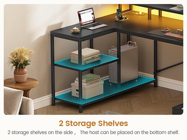 SEDETA 47.2 Inch L Shaped Desk with 4 Drawers and Storage Shelves L Shaped Gaming Desk with LED Lights Power Outlets