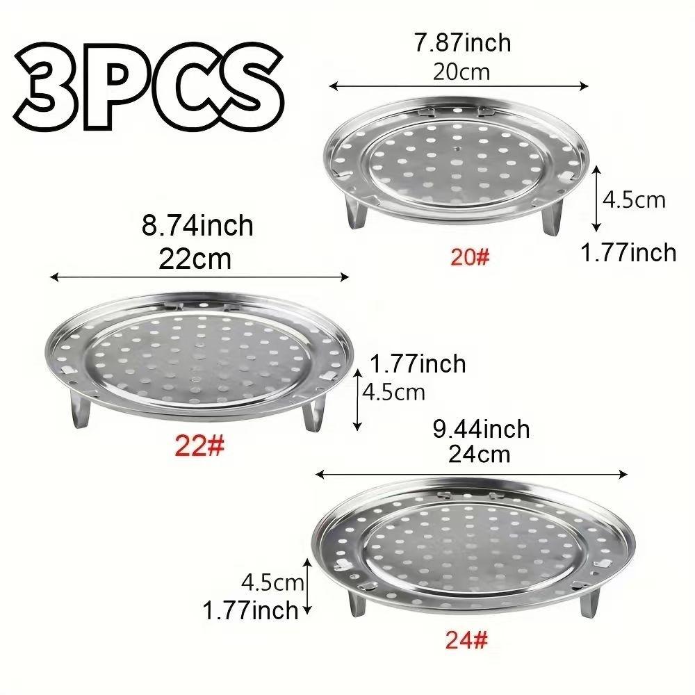 3-Piece Stainless Steel Steamer Set, Kitchen Triple Leg Steam Trays, High-Leg Steaming Rack, Ideal for Cooking and Heating Food