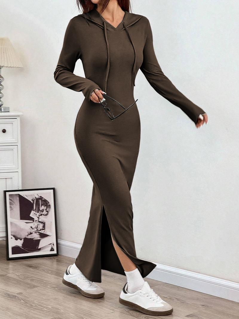 Women's Hooded Slim-Fit Long-Sleeve Dress with Drawstring, Ladies' Casual Fall and Winter Fashion Dress for Daily Wear