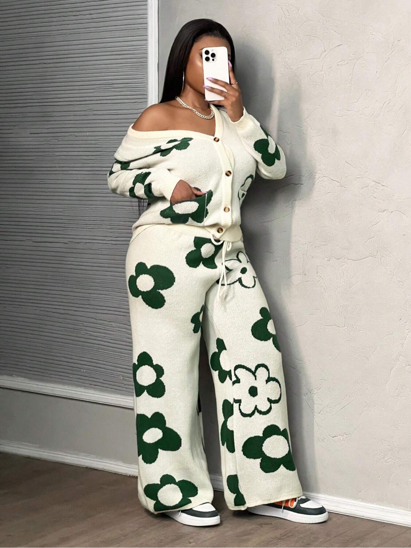 Plus Size Floral V Neck Cardigan Set, Fall & Winter Jacquard Sweater and Knit Pants Two-Piece, Casual Loose-Fitting Style
