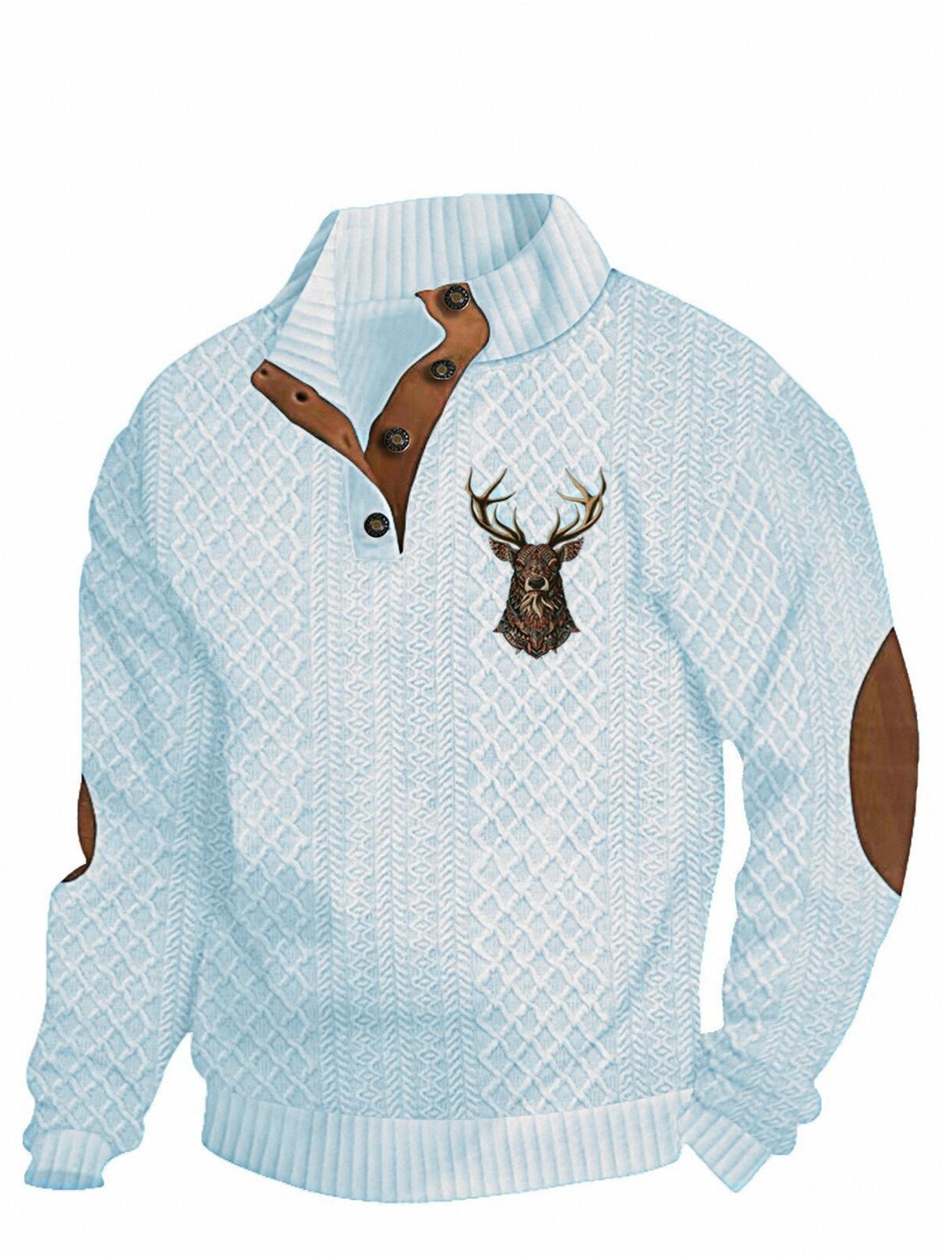 Men's Reindeer Print Patchwork Contrast Trim Jacquard Sweatshirt, Regular Fit Casual Comfy Long Sleeve Half Button Front Stand Collar Pullover for Spring & Fall, Fashion Men's Top for Daily Wear