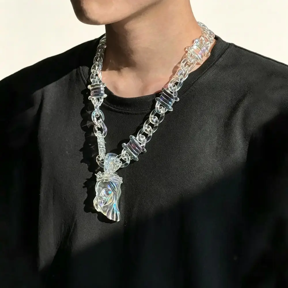 Clear Acrylic Cuban Chain Necklace, Transparent Holographic Jesus Face Pendant, Barbed Wire Chunky Chain Streetwear Necklace for Men Women