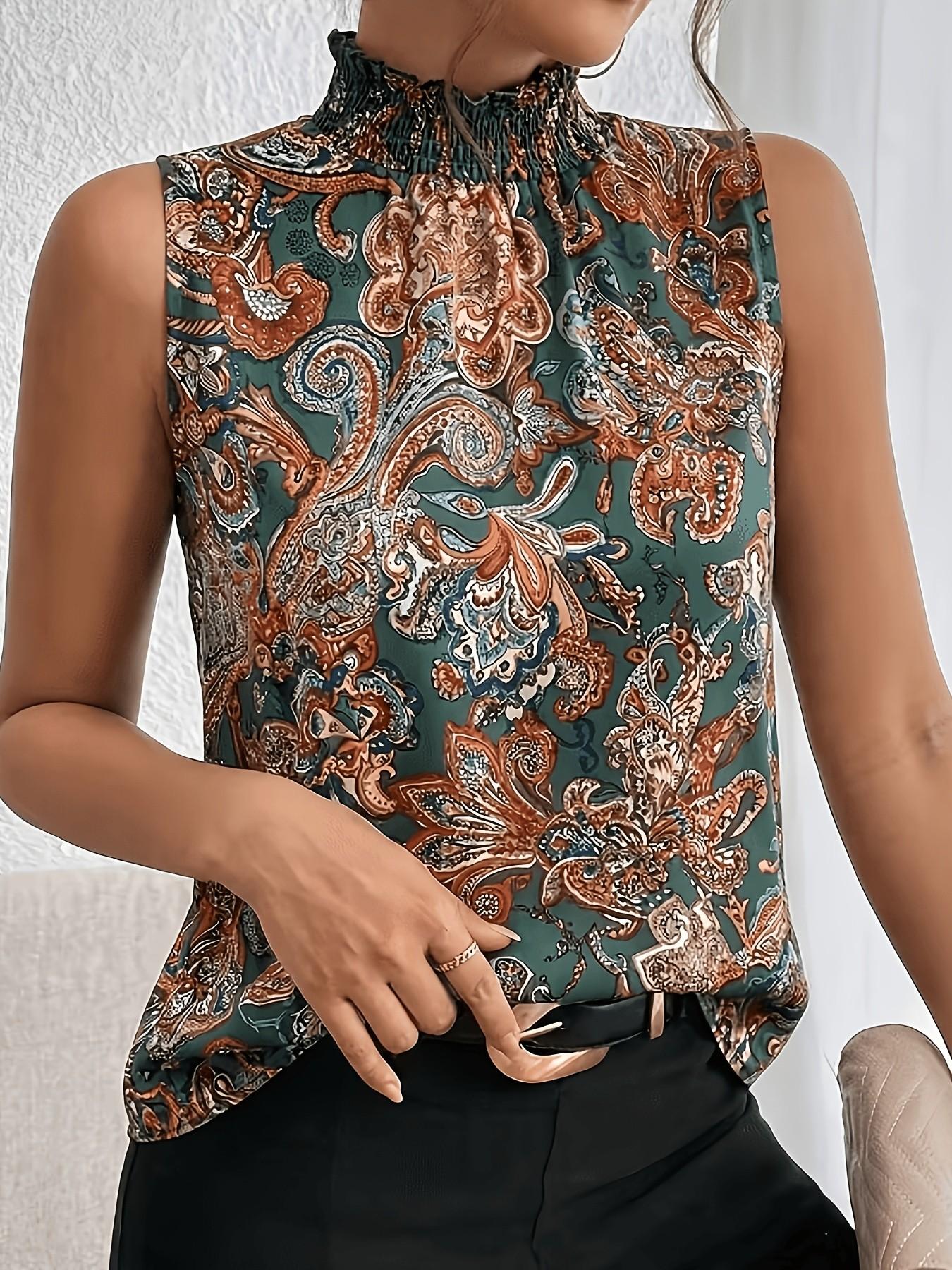 Random Print Sleeveless Shirt, Stand Collar High Neck Top, Summer Women's Fashion, Comfortable and Stylish, Perfect for Daily Wear