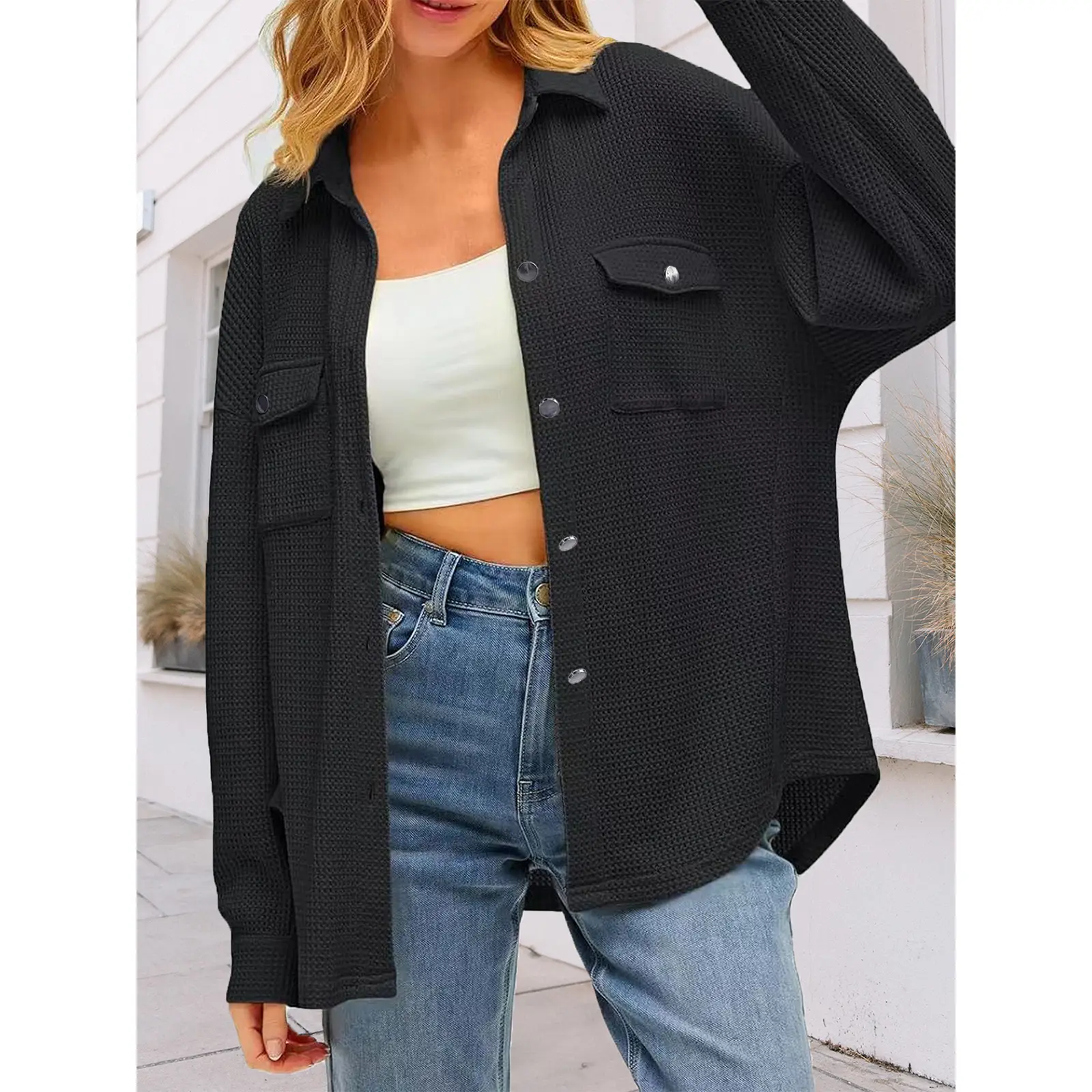 Women's Waffle Knit Shacket Oversized Button Down Shirt Jacket Long Sleeve Lapel Casual Top with Chest Pockets