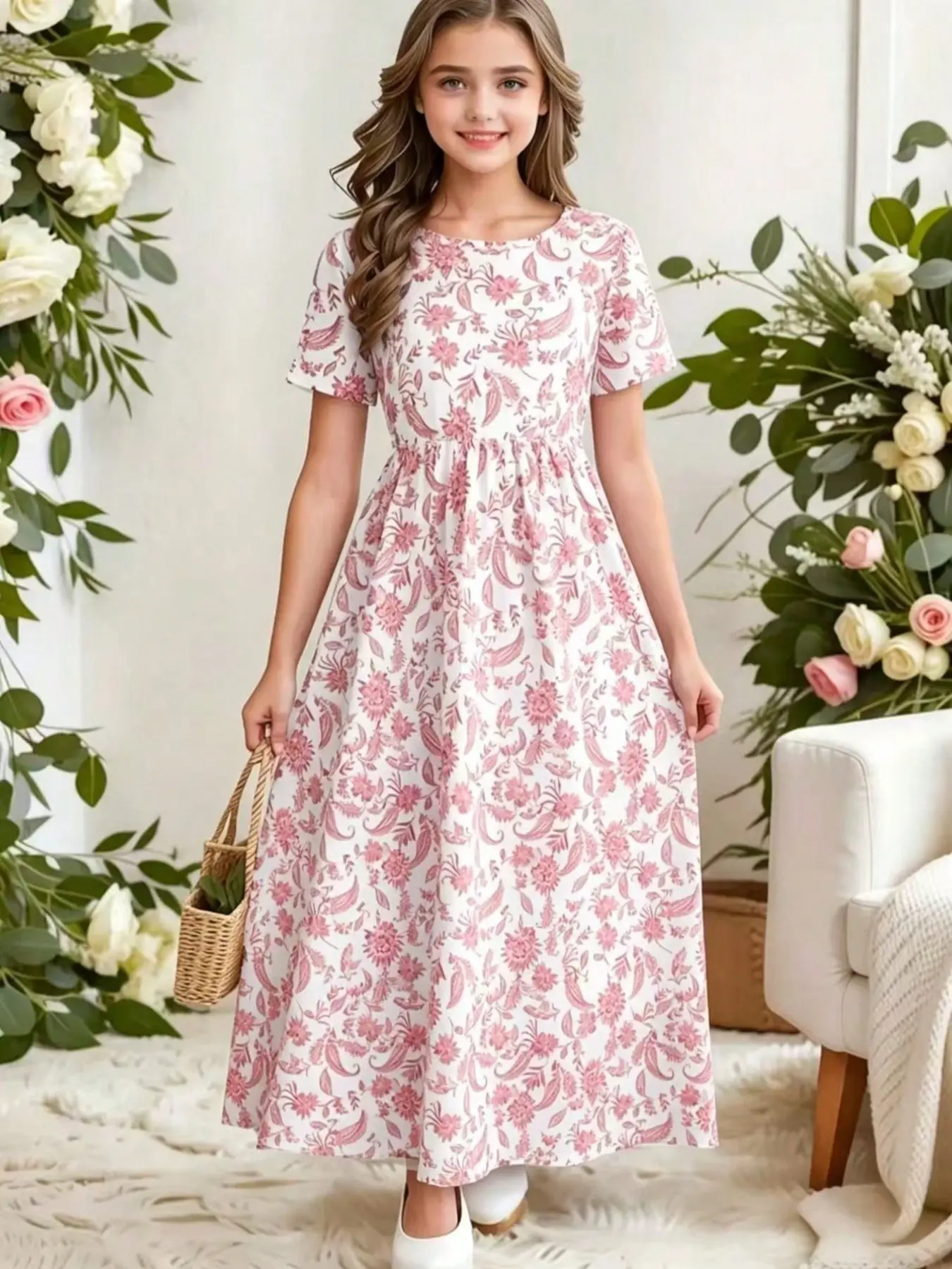 Boho Style Paisley Full Print Short Sleeve Midi Dress, Girls' Holiday Casual Dress, Summer Gift, Fitted Leaf Pattern Dress