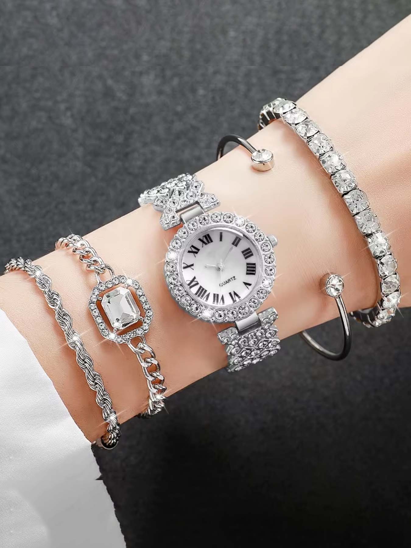 5-piece set of fashionable Trendy Roman numeral diamond-embellished ladies' quartz watch bracelet wristwatch set