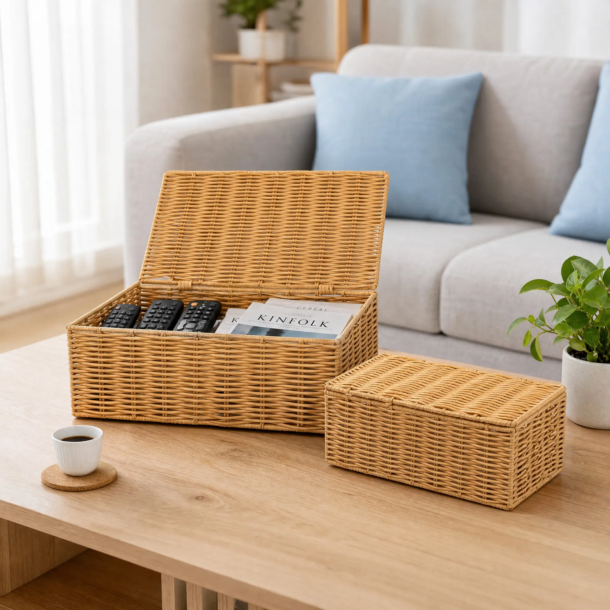 Large Handwoven Rattan Storage Boxes with Lids Set of 2, Rectangular Wicker Decorative Organizer Baskets, Natural Boho Cane Storage Bins for Shelf, Coffee Table, Bedroom, Bathroom, Entryway