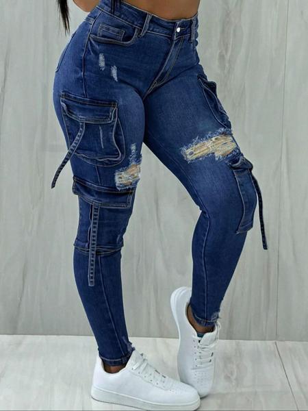 Y2K women's street style multi-pocket cropped work Stretchy Jeans with flap pockets for autumn and winter, perfect for Christmas fashion