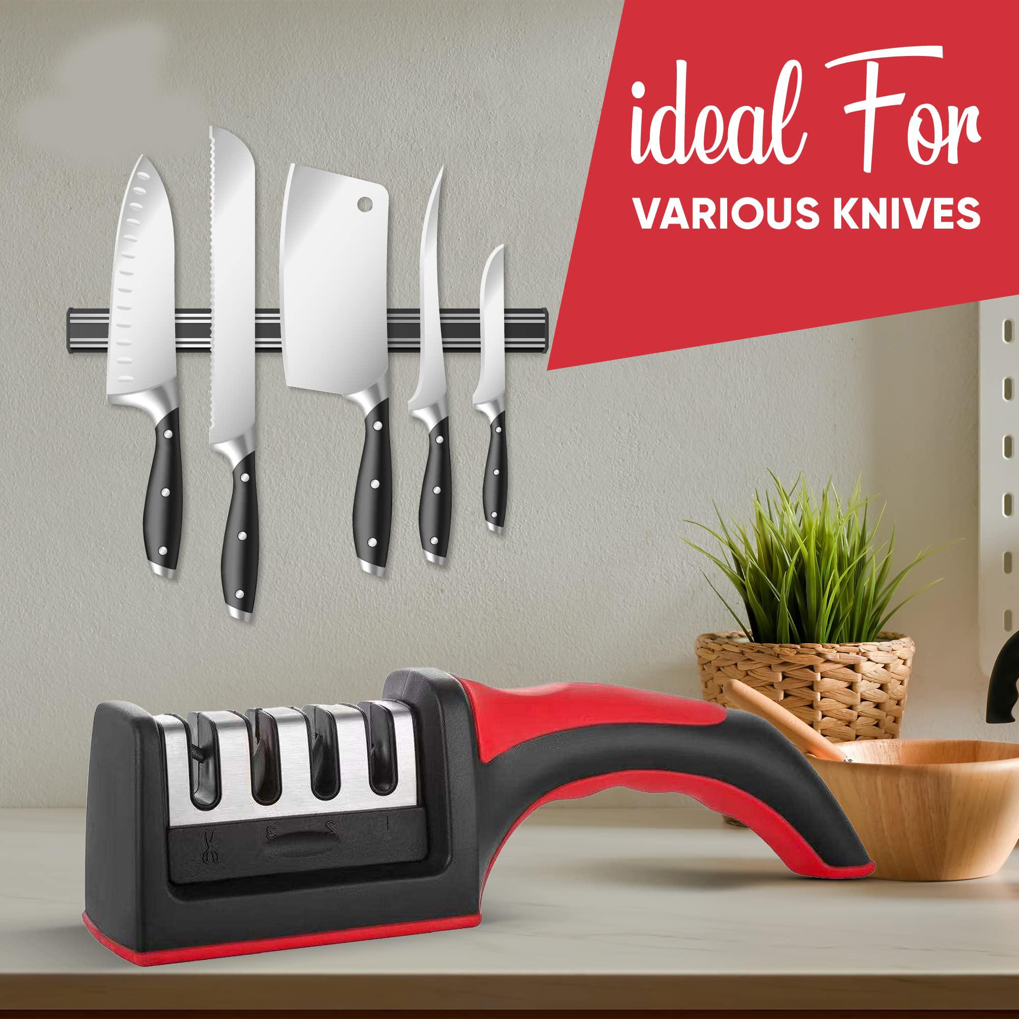 Kitchen Knife Sharpener, 4-Stage Multi-Functional Stainless Steel Tool, Removable Grinding Heads, Hangable Design, Suitable for All Knives