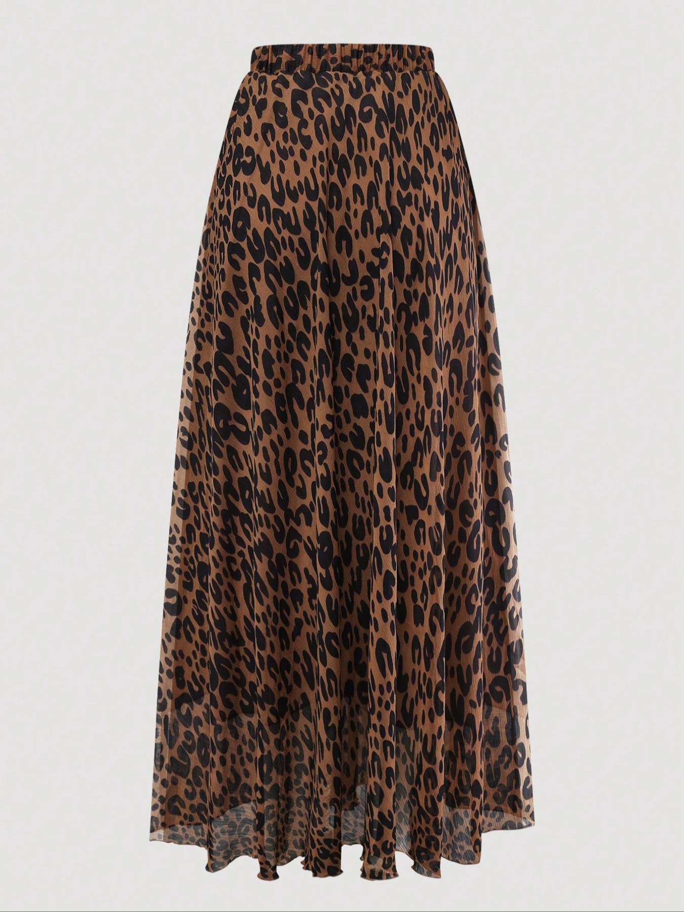 Plus Size Women's Fashion Leopard Print Elastic Waist Chiffon Dress, Casual Long Skirt Set for Dating, Spring & Fall Clothing