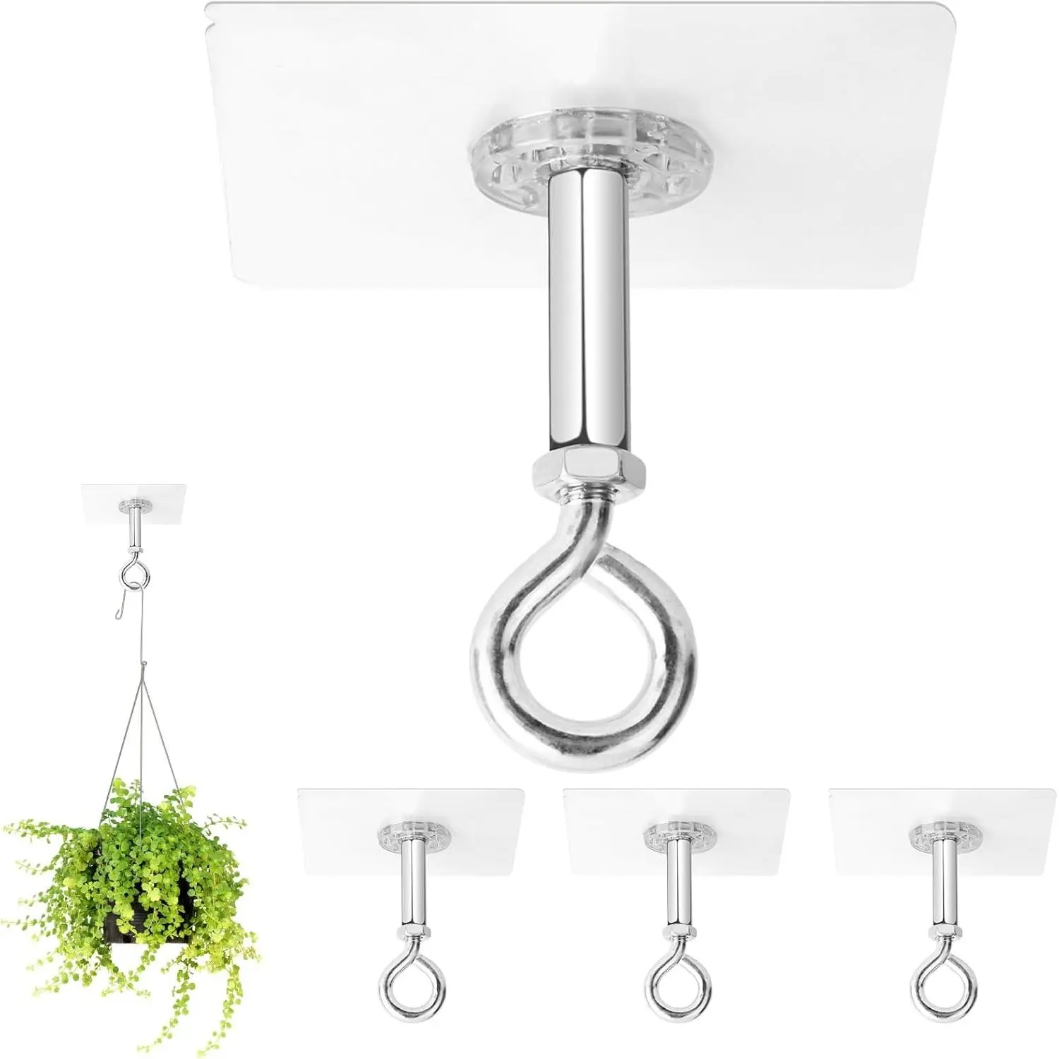 Adhesive Ceiling Hooks 4 Pack, Hold 25lbs,Heavy Duty for Hanging Plants Adhesive Stick On Outdoor Ceiling Hanger, No Drill & No Screw Stainless Steel Sticky Eyes Hooks