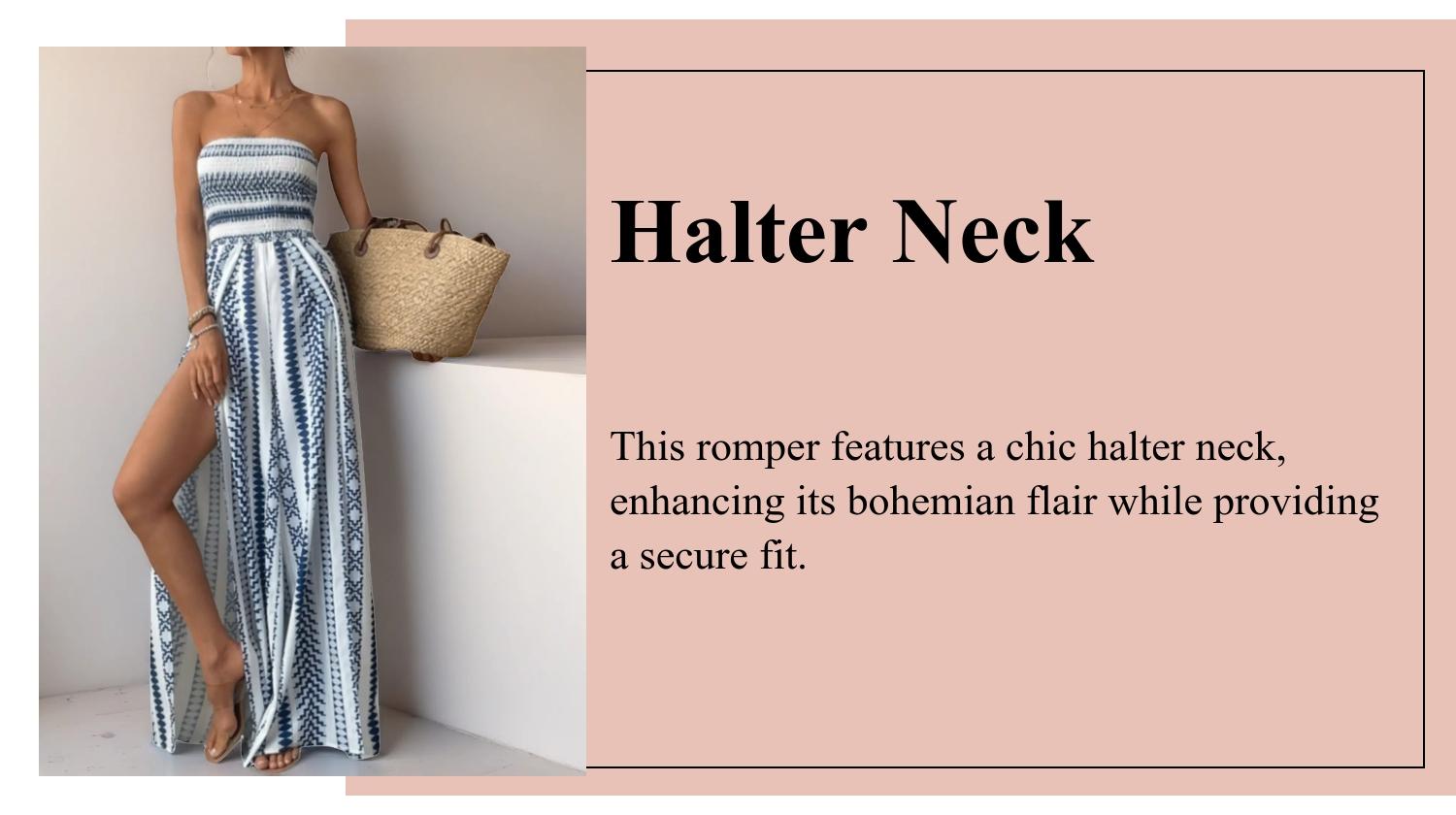 Spring Summer Boho Halter Romper, Beach Vacation Essential, High Waist Loose Fit, All over Print, Casual Style