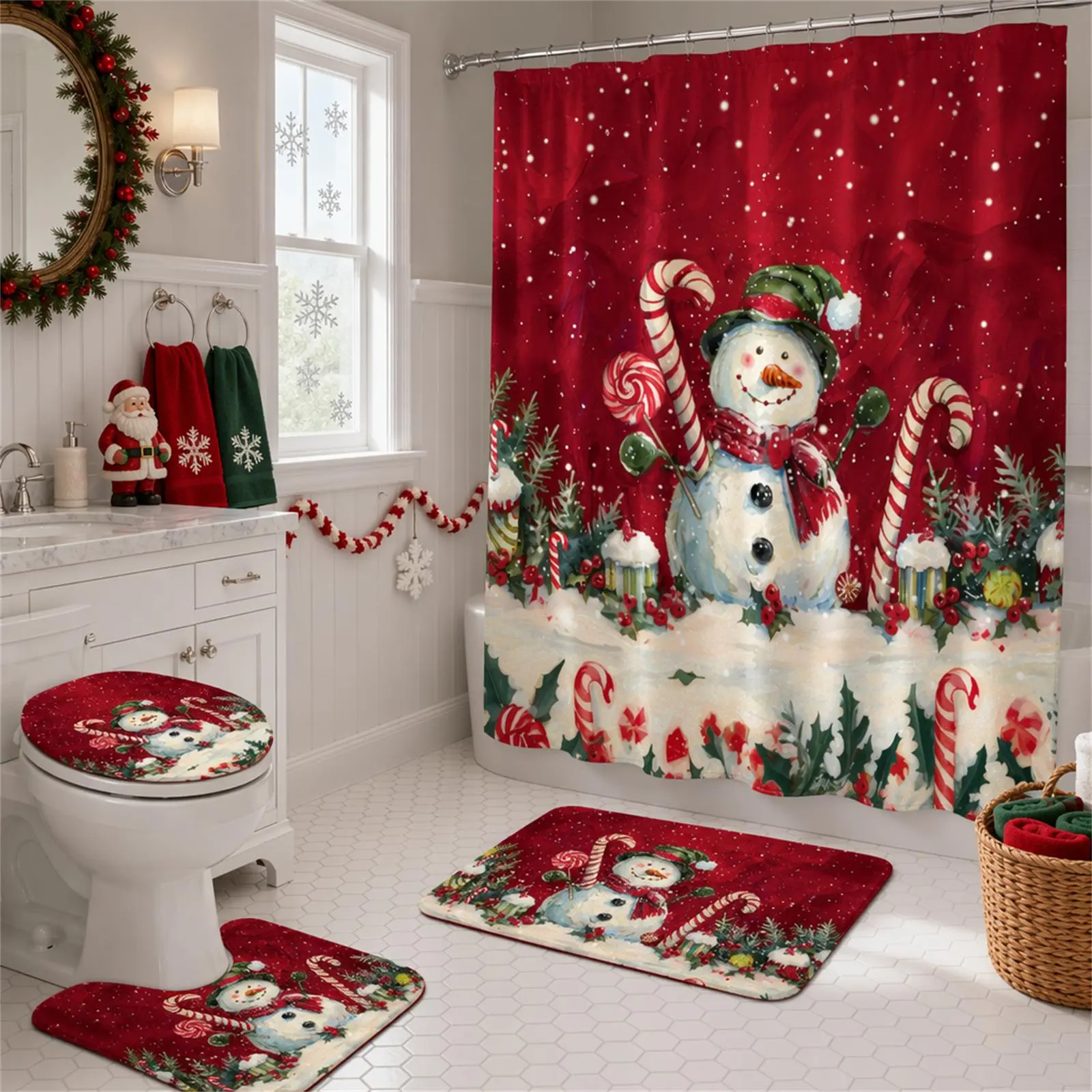 4Pcs Snowman Shower Curtain Bathroom Set,Farmhouse Christmas Decor with Holly & Snowflake Winter Holiday Print, Waterproof Shower Curtain,Non-Slip Bath Mat & Toilet Lid Cover,Rustic Country Style Cute Winter Xmas Season modern Bathroom Home Decor