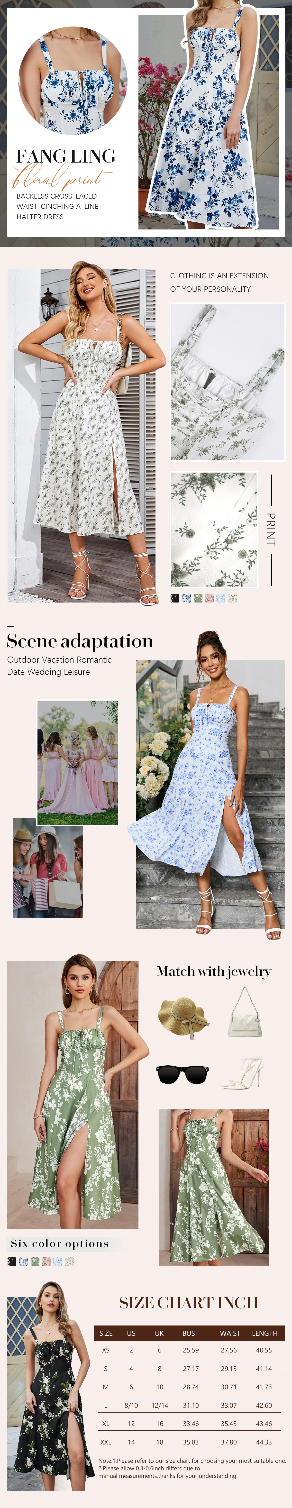 Women's Floral Print Lace Up Split Thigh Vintage Cami Dress, Boning Corset Milkmaid Dress, Boho Style Ruched Details Tie Front Sleeveless Midi Dresses Beach Holiday Vacation, Boho Sundresses, Bohemian Sleeveless