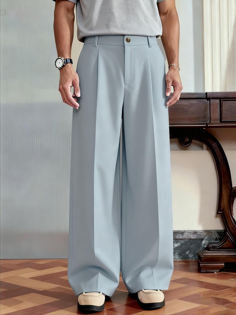 Men's Versatile Solid Color Wide Leg Pants, Casual Minimalist Trousers, Unique Button Design, Fitted Style, Perfect for Parties and Daily Wear Men's Versatile Solid Color Wide Leg Pants, Casual Minimalist Trousers, Unique Button Design, Fitted Style, Perfect for Parties and Daily Wear