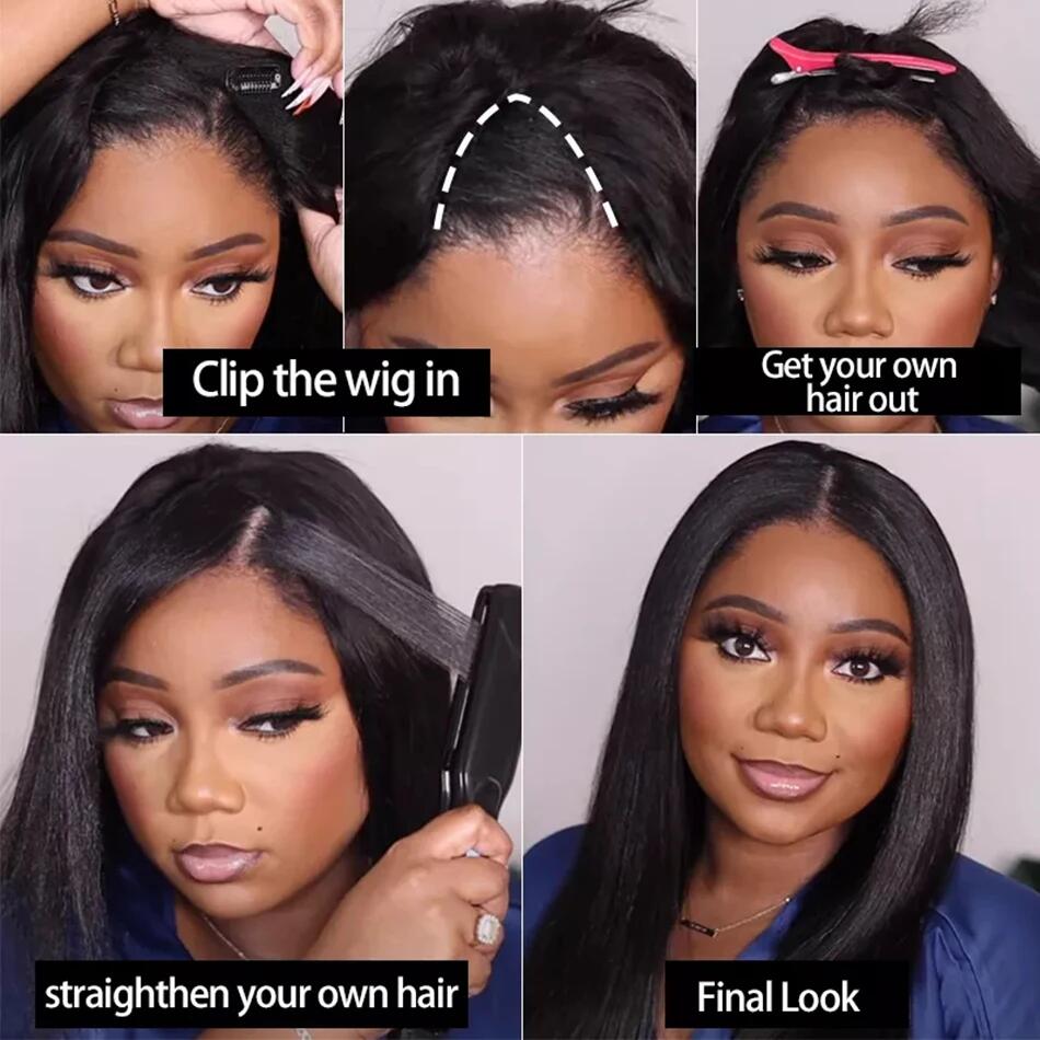 VIPbeauty Straight V Part Bob Wig Human Hair Glueless No Leave Out Upgraded U Part Wig For Women 10-16 Inch Short Human Hair Brazilian Raw Hair 1B Natural Black Color 150%
