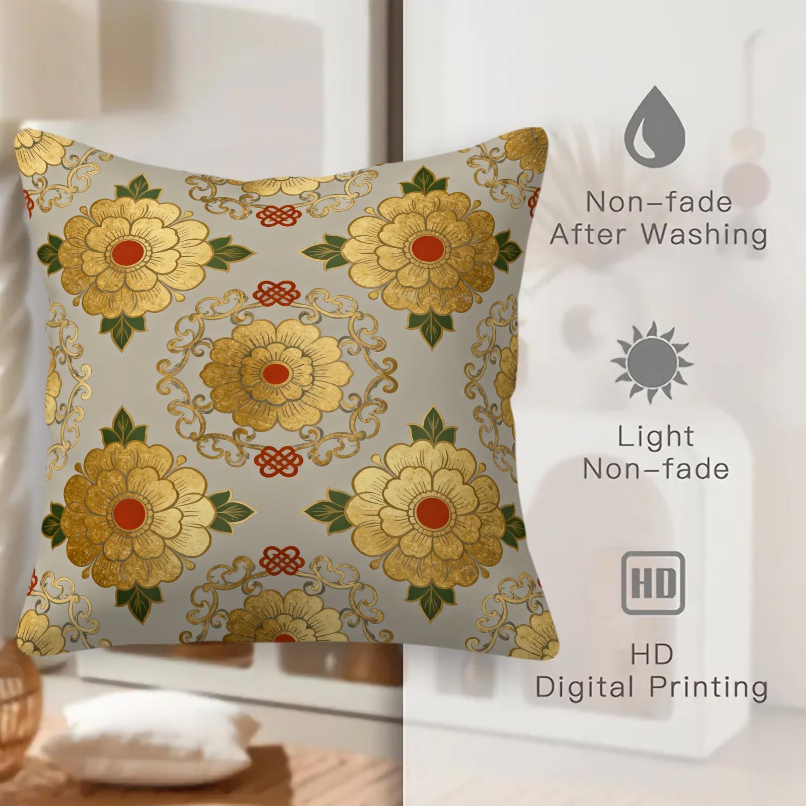 1 Pack 18×18 Inch Vintage Floral Pattern Throw Pillow, Classic Asian Style Decorative Accent Pillow, HD Digital Print Non-Fading Soft Decorative Cushion with Invisible Zipper for Couch, Sofa, Bed, Living Room and Bedroom