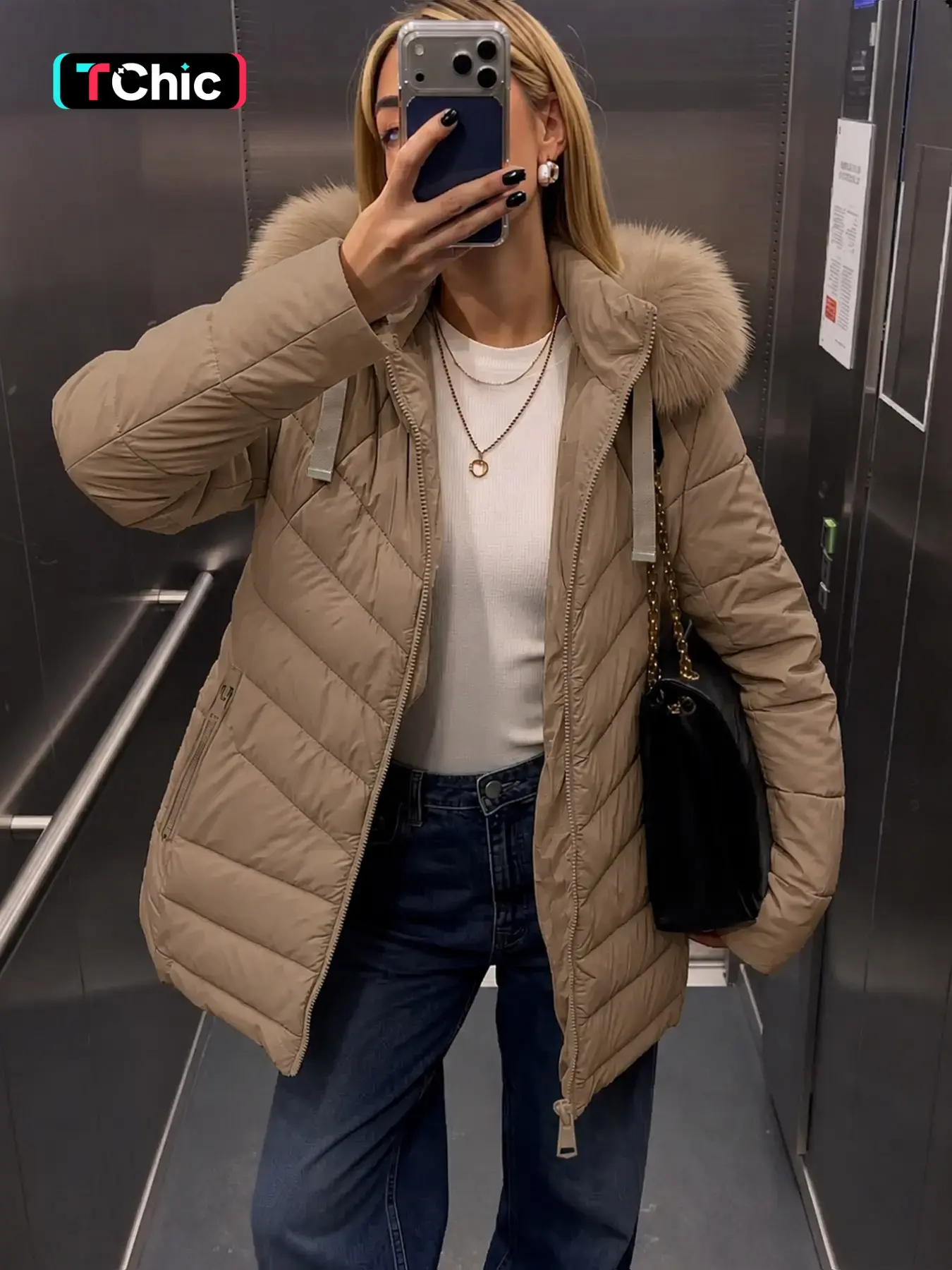 Women's Solid Color Faux Fur Hooded Thick Quilted Jacket, Casual Fitted Long Sleeve Zip-Up Coat with Pockets, for Fall & Winter Daily Wear