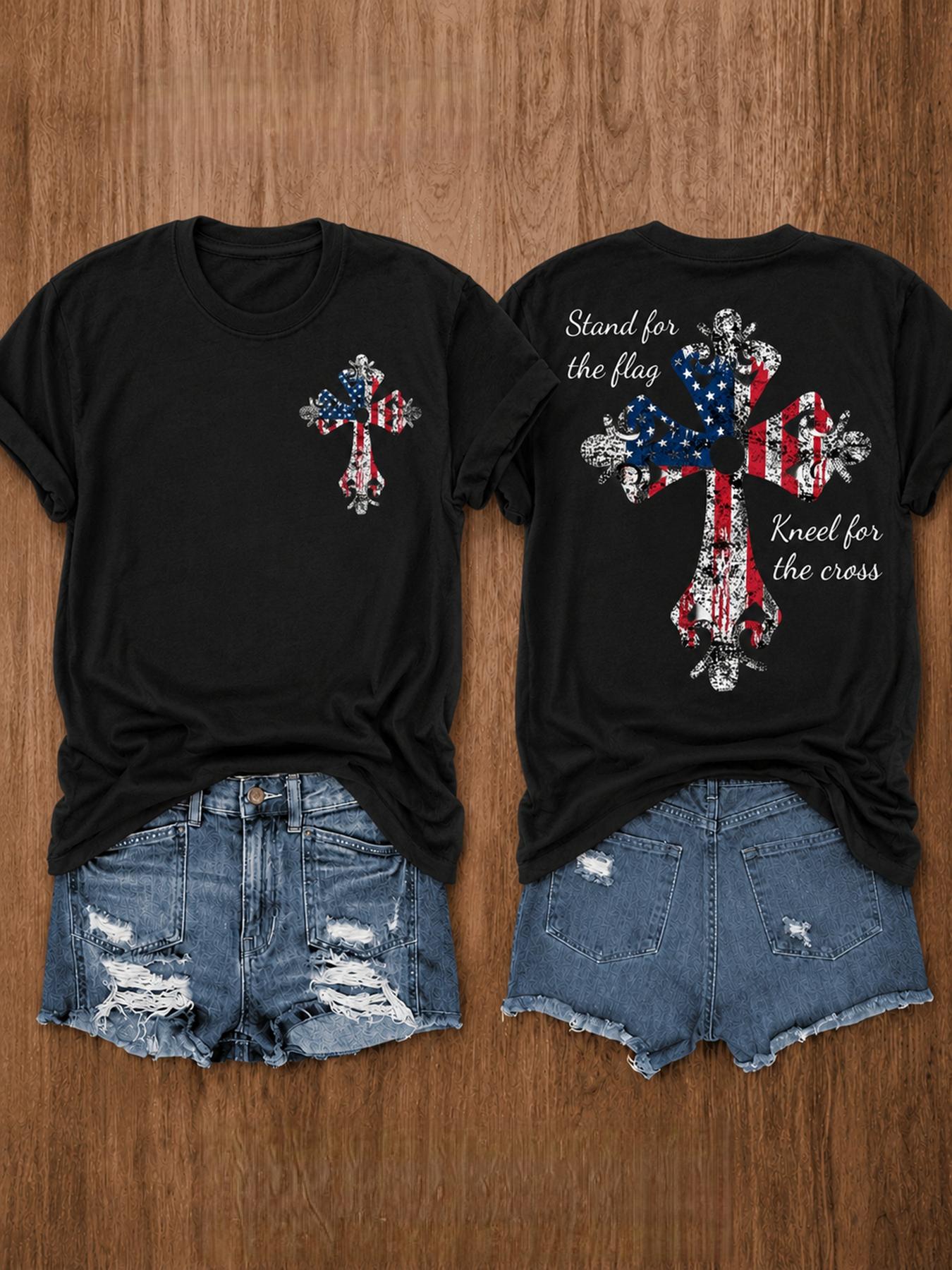 Stand For The Flag Kneel For The Cross Cotton Tee, American Flag Cross Print Casual Patriotic Women Top,Stand For The Flag Kneel For The Cross Cotton Tee, American Flag Cross Print Casual Patriotic Women Top graphic