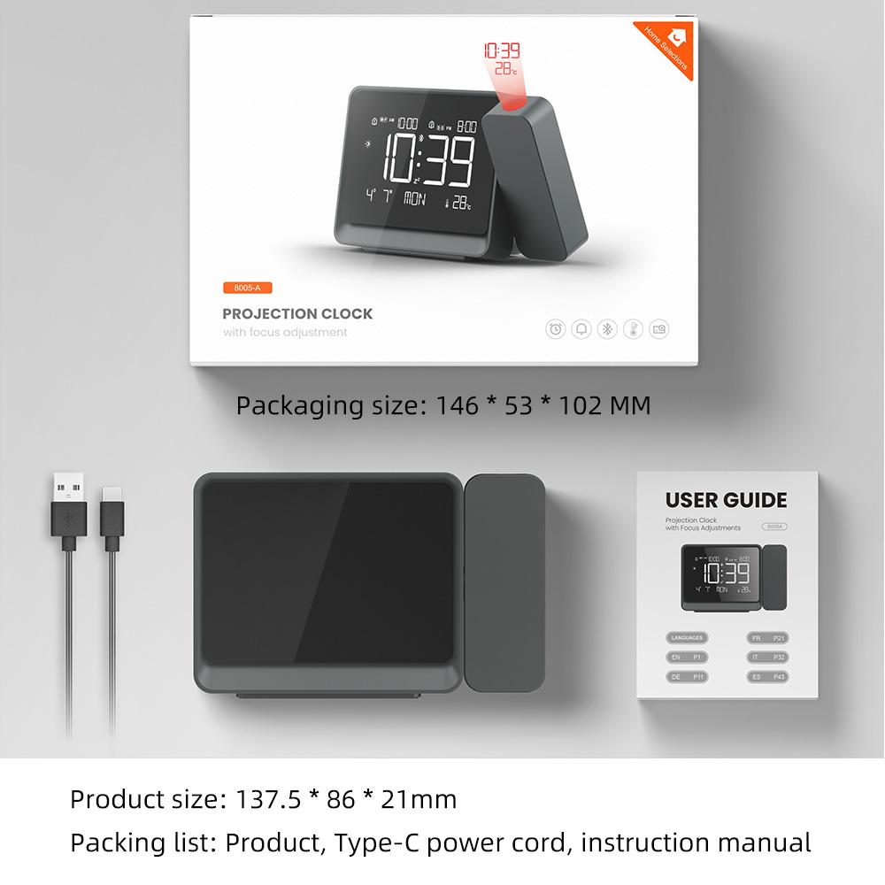 Multi-Functional Projector Alarm Clock with Date & Time Display, Focus Adjustment, Bluetooth-compatible Connectivity, Temperature Monitor, USB Port, Adjustable Backlight, Home Decor, Digital Alarm Clocks