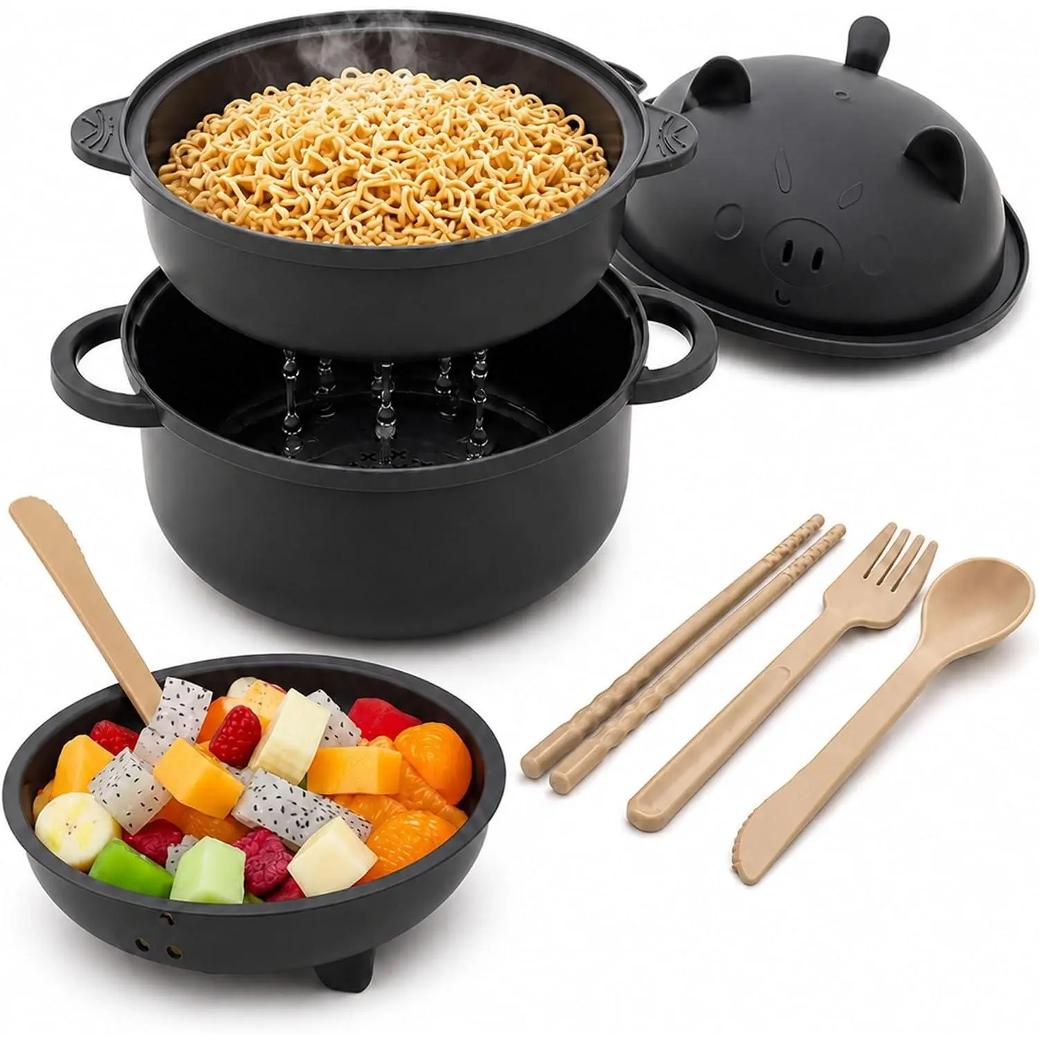 Nifogo Stylish Cartoon Pig Ramen Noodle Bowl Set, 43 fl oz (1300ml) Microwavable Ramen Cooker with Strainer Lid, Handle, Spoon, Fork, Chopsticks for Home, Dorm Everyday Kitchenware Tableware, Everyday Use