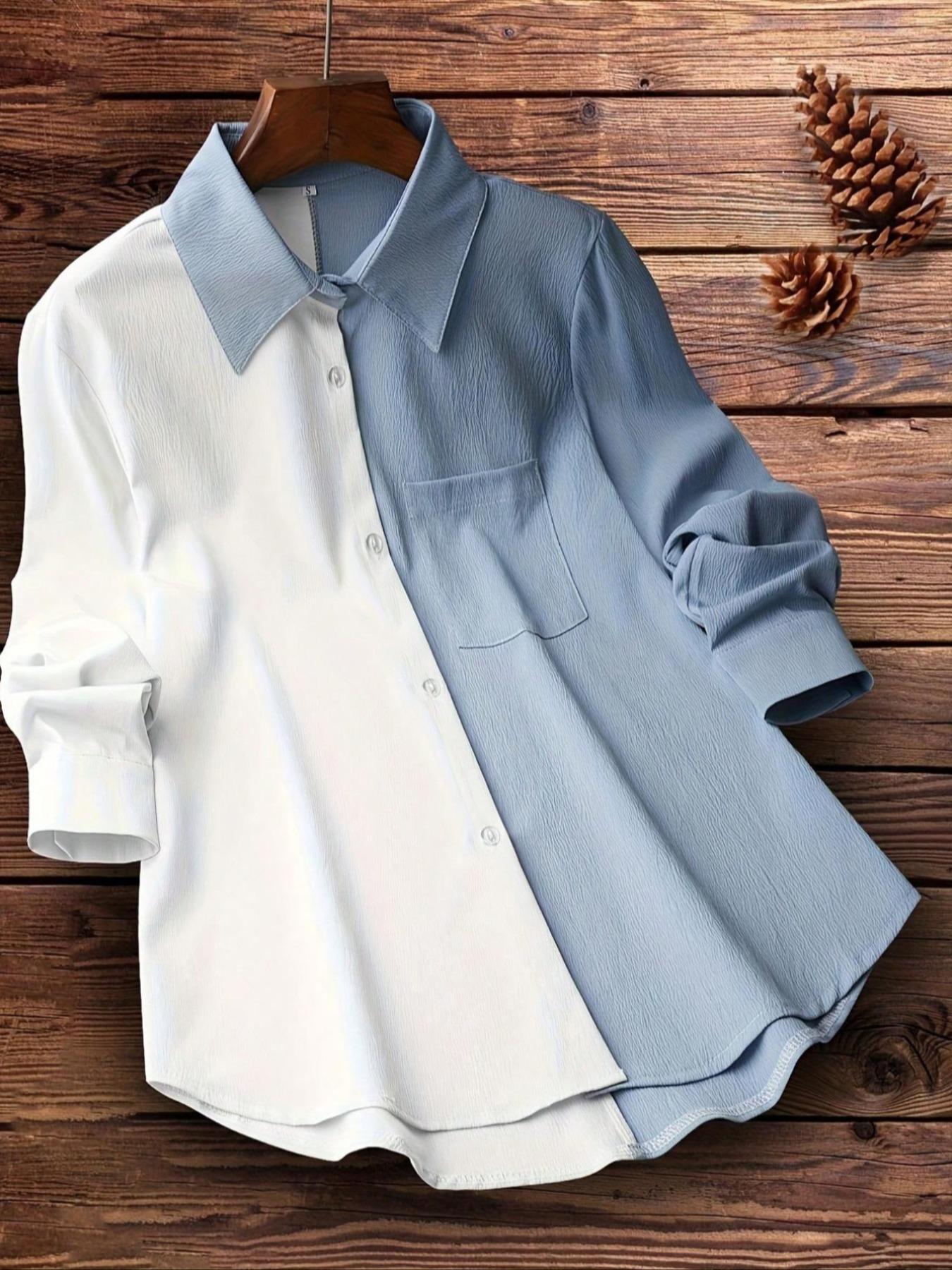 Women's Patchwork Curved Hem Shirt, Casual Long Sleeve Collared Top for Summer, Ladies Clothes for Daily Wear, Blouse, Casual Business Top