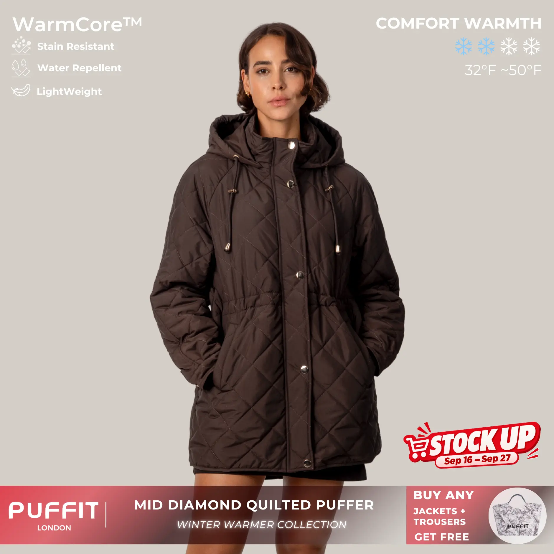 PUFFIT WarmCore Premium Mid-length Diamond Quilted Drawstring-waist PUFFER Style,Classic Diamond Pattern,Waist-cinching Lightweight Cotton Jacket,High-density Integrated Quilting Lightweight,Comfortable For Commuting,Fall,Winter,2026 Shopping